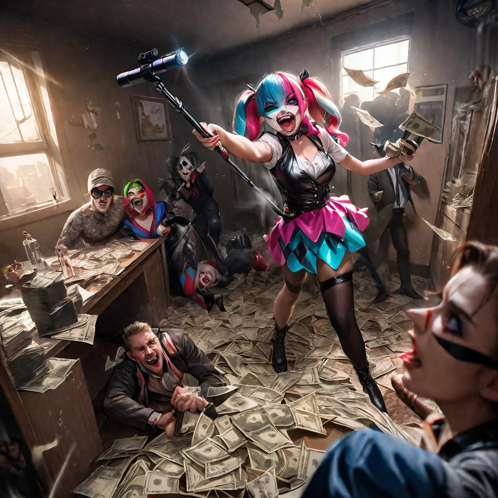 (best quality:1.2,ultra-detailed,realistic:1.37),the joker and harley quinn,robbed bank,crazy selfies,selfie sticks,money tossing,masked criminals,chaotic scene,laughter,menacing smiles,guns,hysterical laughter,disorderly bank notes,smoke-filled room,cash flying in the air,wide grins,wild poses,villains in action,flashy outfits,unique makeup,harlequin patterns,bank safe,bank tellers,terrified hostages,dark humor,vivid colors,dynamic lighting,mischief and mayhem,criminal masterminds,crazy criminal duo,lively atmosphere,heist escapade,unpredictable energy,creepy fun,criminal underworld,criminal creativity,madness and chaos