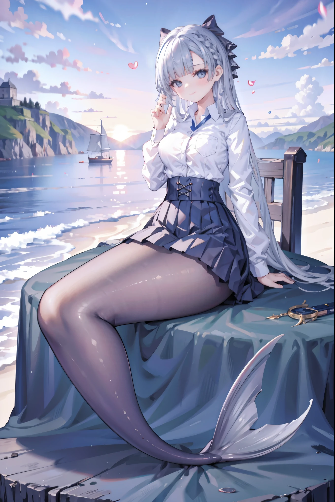  (masterpiece:1.3), (best quality), A girl, argusschool,solo,Mermaid,Large Breasts,蓝色的Mermaid尾巴,Uniforms,Short skirt,Smile, full-body shot,Get posed,Sitting,beach, Sea view