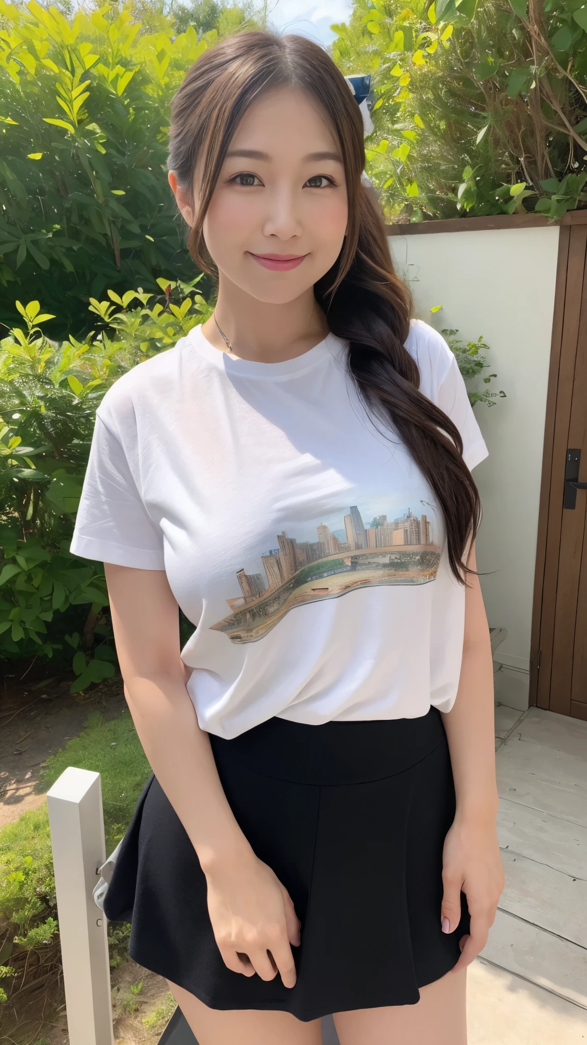 Bright outdoors、Walking around town、((masterpiece))、((top-quality))、a picture、Realisticity、high-level image quality、Advanced depth of field、ultra-detailliert、Realistic lighting、((Beauty salon))、((white t-shirt with new york printed on it,black skirt))、((Washing customers' heads))、((Close to close、Right in front of you))、married woman、in her 20s、Delicate facial features、long wave-brownhair、ponytail、Realistic backgrounds and accessories、large full breasts、valley、Plump body、Sexy smile、Serious gaze、from above、Thighs