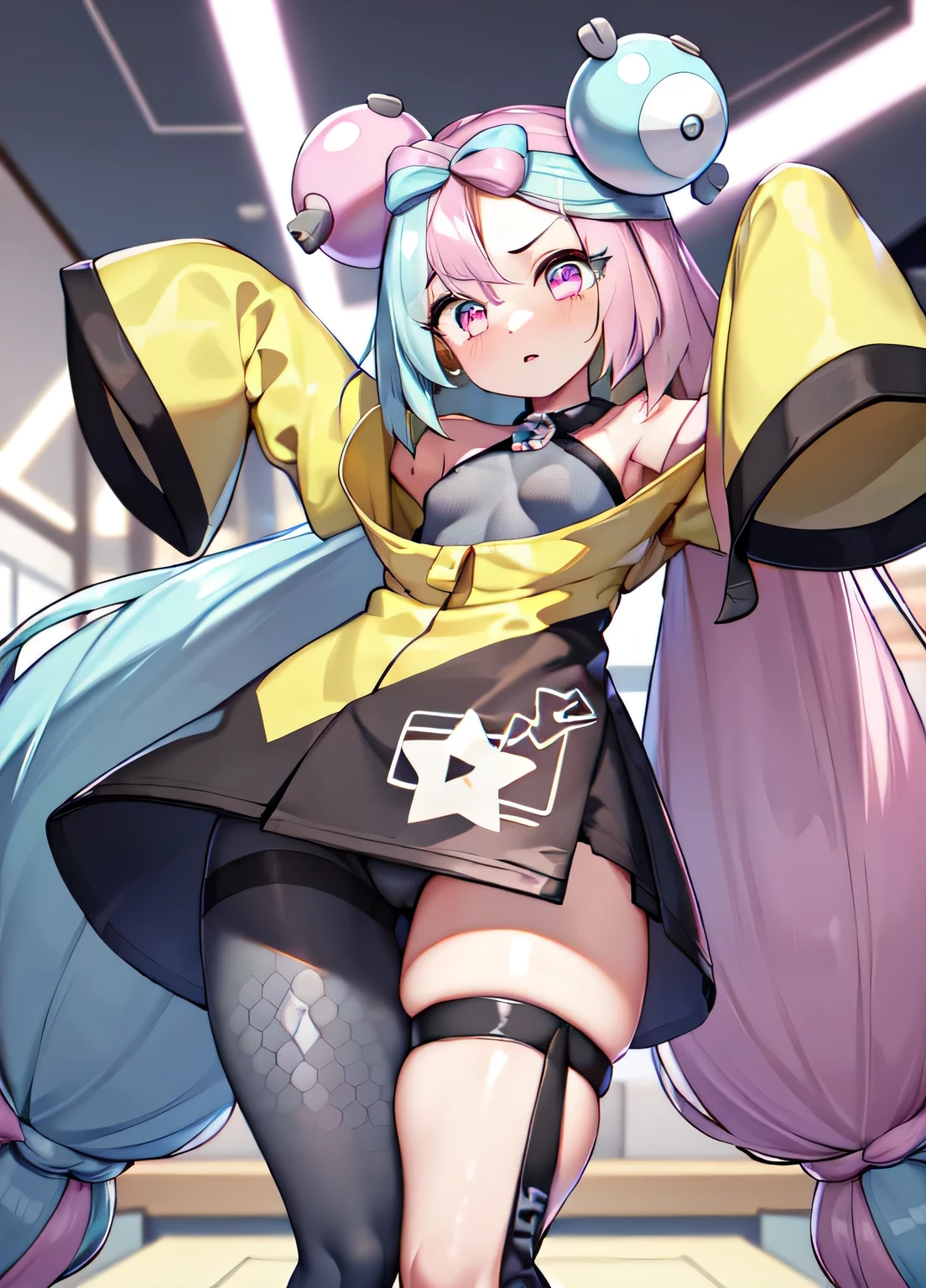 ((best quality)), ((highly detailed)), masterpiece, absurdres, (detailed eyes, deep eyes), (1girl), dynamic pose, cowboy shot, Iono (pokemon), multicolored hair, very long hair, twintails, hair ornament, pink eyes, small breasts, yellow jacket, sleeves past wrist, sleeveless shirt, hexagon print, ((single leg pantyhose)), grey pantyhose, grey footwear, (inside, at a hospital room), (thick thighs), view from below