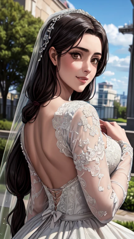 (masterpiece, highest quality, beautifully、aesthetic:1.3), Upper Body, Looking Back, View Viewer, One girl, alone, A light smile, (compensate, Long Hair, black hair, brown Eyes:1.2), Ruani 0256, Bridal Veil, lace trim dress, See through, Wedding dress, Outdoor, White Rose, garden, morning, Are standing, Very detailed, 