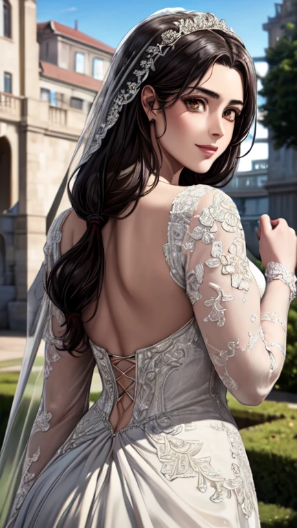 (masterpiece, highest quality, beautifully、aesthetic:1.3), Upper Body, Looking Back, View Viewer, One girl, alone, A light smile, (compensate, Long Hair, black hair, brown Eyes:1.2), Ruani 0256, Bridal Veil, lace trim dress, See through, Wedding dress, Outdoor, White Rose, garden, morning, Are standing, Very detailed, 