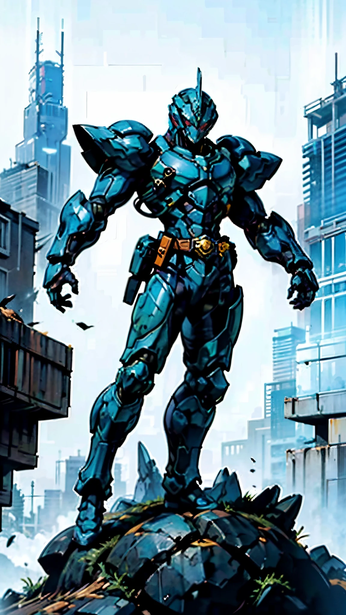 A man wearing a full-face helmet, a fantasy-style biotech armored combat suit, green eyes, (a composite layered chest armor), fully enclosed shoulder guards, matching arm and leg guards, the belt is adorned with cross, (the color scheme is primarily white with golden and blue accents), the design balances heavy with agility, a high-tech bio-mecha armor, (Armor Concept Inspired by Paladin, stand on the top of a skyscraper in a futuristic sci-fi city), this character embodies a finely crafted fantasy-surreal style armored hero in anime style, exquisite and mature manga art style, (battle damage, element, plasma, energy, the armor glows), ((male:1.5)), metallic, real texture material, dramatic, high definition, best quality, highres, ultra-detailed, ultra-fine painting, extremely delicate, professional, perfect body proportions, golden ratio, anatomically correct, symmetrical face, extremely detailed eyes and face, high quality eyes, creativity, RAW p