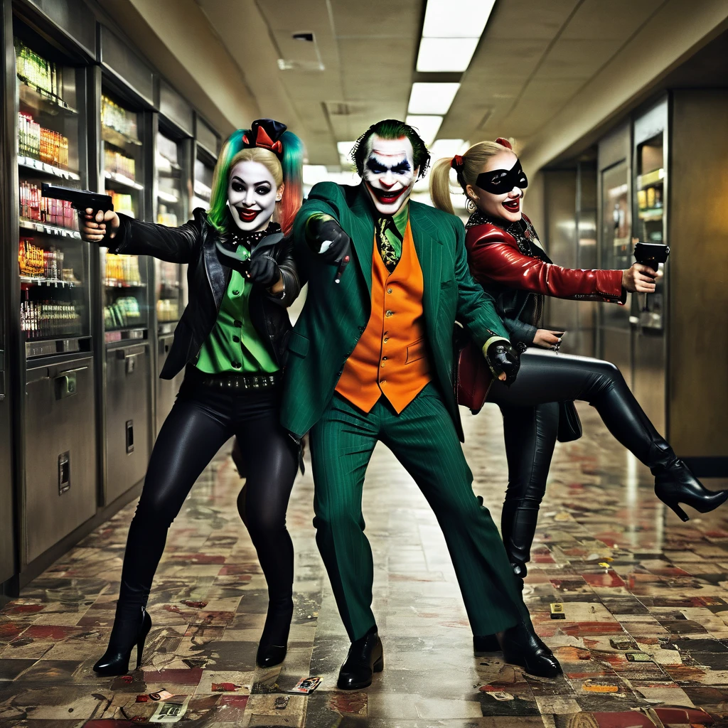 (best quality:1.2,ultra-detailed,realistic:1.37),the joker and harley quinn,robbed bank,crazy selfies,selfie sticks,money tossing,masked criminals,chaotic scene,laughter,menacing smiles,guns,hysterical laughter,disorderly bank notes,smoke-filled room,cash flying in the air,wide grins,wild poses,villains in action,flashy outfits,unique makeup,harlequin patterns,bank safe,bank tellers,terrified hostages,dark humor,vivid colors,dynamic lighting,mischief and mayhem,criminal masterminds,crazy criminal duo,lively atmosphere,heist escapade,unpredictable energy,creepy fun,criminal underworld,criminal creativity,madness and chaos
