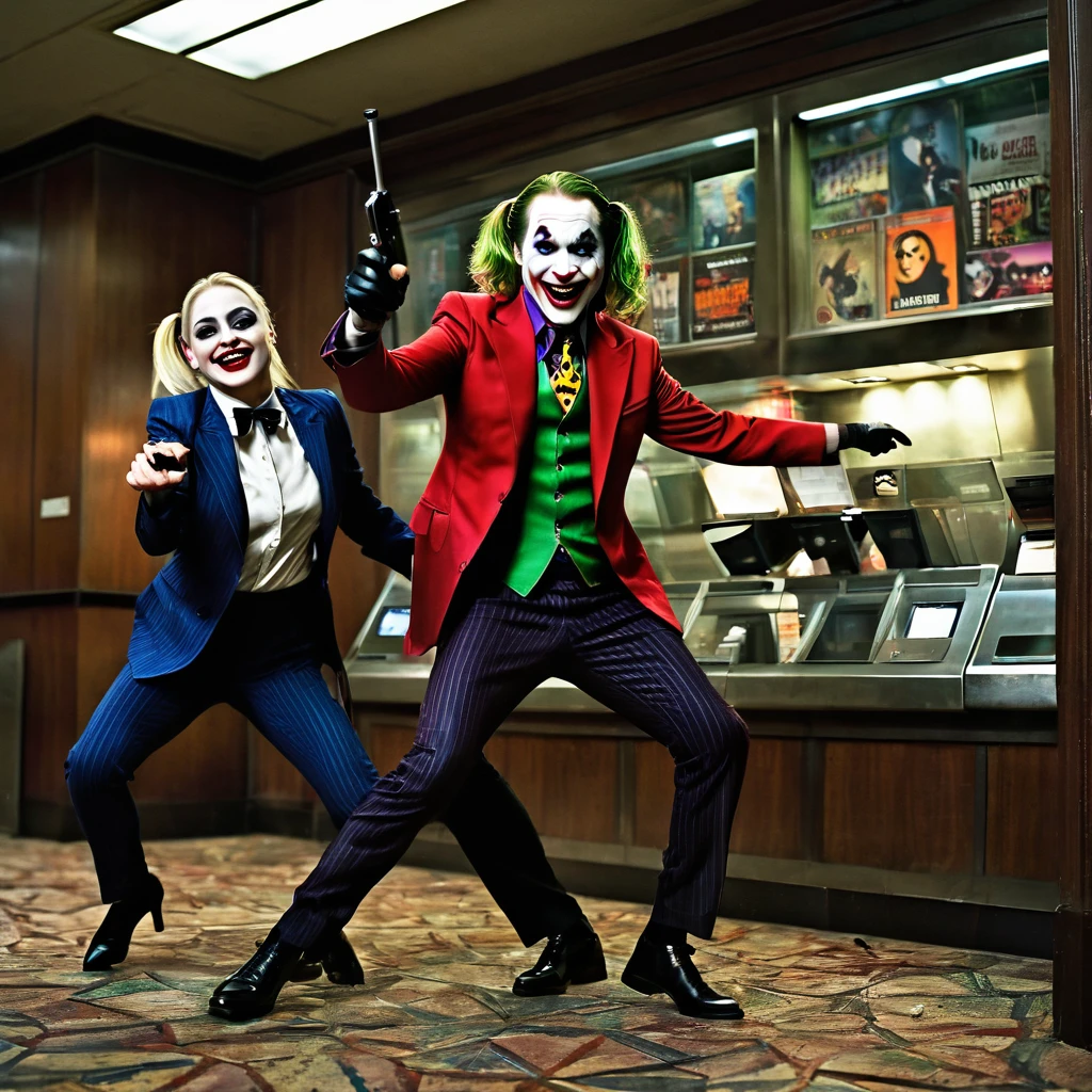 Joker and Harley Quinn, a chest, money scattered on the floor, paper money, coins on the floor, inside a bank safe.
