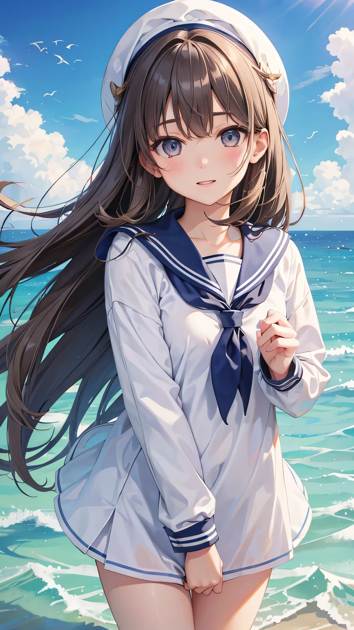 highest quality、Realistic、female、student、zoom、cute、Gray Eyes、Light Brown Hair、long hair、Sailor suit、Ocean、blue sky、