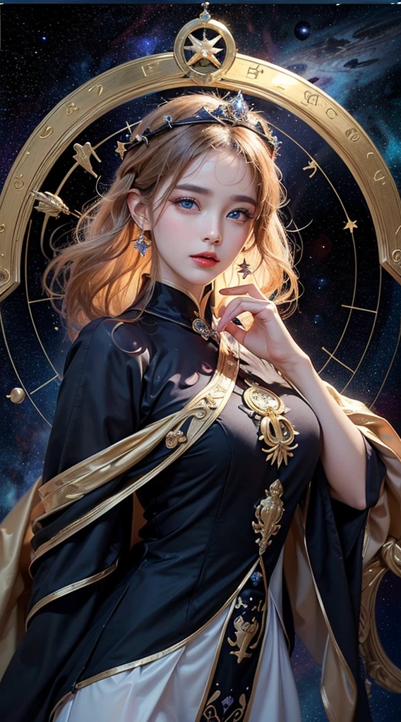 1 27-year-old girl, 1 Zodiac signs goddess from the future, goddess of the pink and purple 12 Zodiac signss, the goddess of the Zodiac signs in a yellow ao dai, a 12 Zodiac signs ao dai with many black lace detail, mythology Goddess of the 12 Zodiac signss from the future, Zodiac signs ♏, luxurious glittering Zodiac signs style, Dark Mystery Version, Zodiac signs crown, lipstick red lips, Thin and beautiful lips, mouth closed, characters by karol bak and pino daeni, Intricate details, Detailed background, Very detailed, Light Magic, A woman, Clear face, Long hair bangs, Beautiful facial details and well-proportioned eyes, (Transparent eyes: 1.8), Big round eyes,Exquisite and beautiful makeup, Vision, Silk dress, Mysterious Makeup , Double bangs and dyed light blonde hair , Upper body portrait, Zodiac signs goddess portrait, arms hanging loosely, Real and vivid photos, (stars make up the Zodiac signs: 1.7), (sky background Zodiac signs and fictitious space and time portal: 1.8), Fiction Art, original photo, Hanfu pictures, Best photos, Best photos quality, 8K picture quality, 8K Ultra HD, Surreal, Real shooting is the most economical,