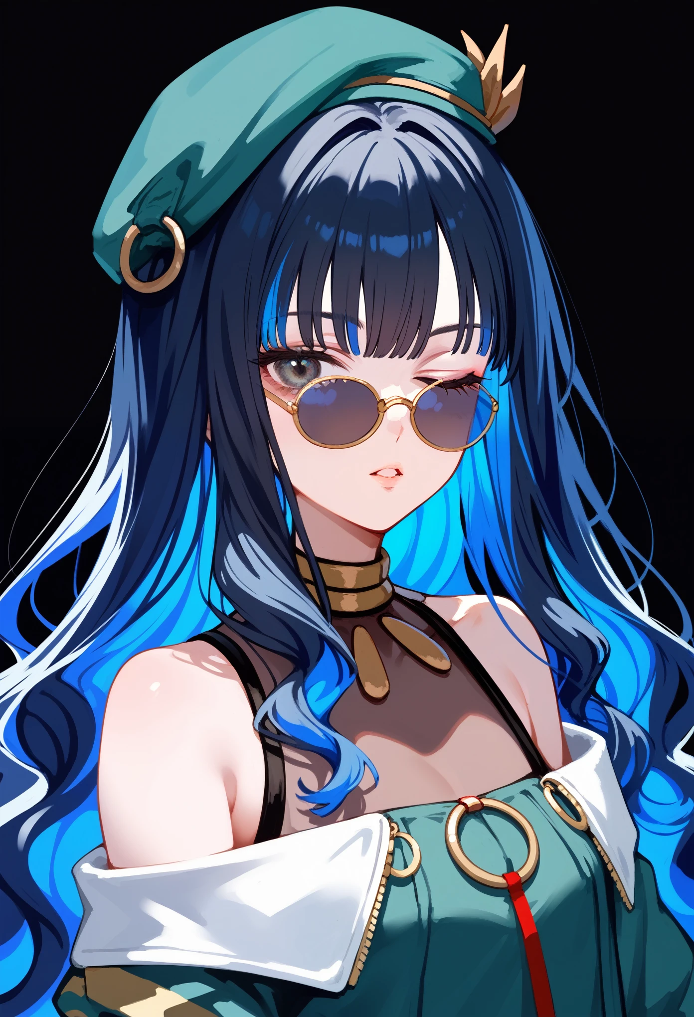 upper body, 1girl, solo, long hair, black hair, colored inner hair, blue hair, wavy hair, eyeliner, makeup, jewelry, beret, o-ring, neck ring, black shorts, buttons, round sunglasses, bracelet, bare shoulders, green jacket, white jacket, off shoulder, zipper, narrowed eyes, parted lips, calm, one eye closed, portrait, black background, simple background, masterpiece, score_9, score_8_up, score_7_up