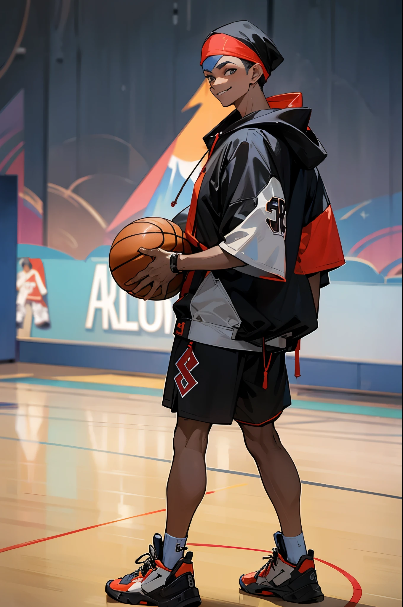 skin fade hair,basketball shorts, basketball court, Dominican durag, black hoodie, smirk, full body, standing straight,
