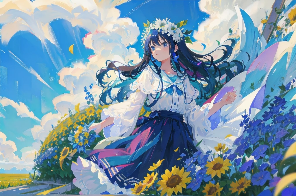 Flower Field High Sky Deep Blue White flower girl one piece