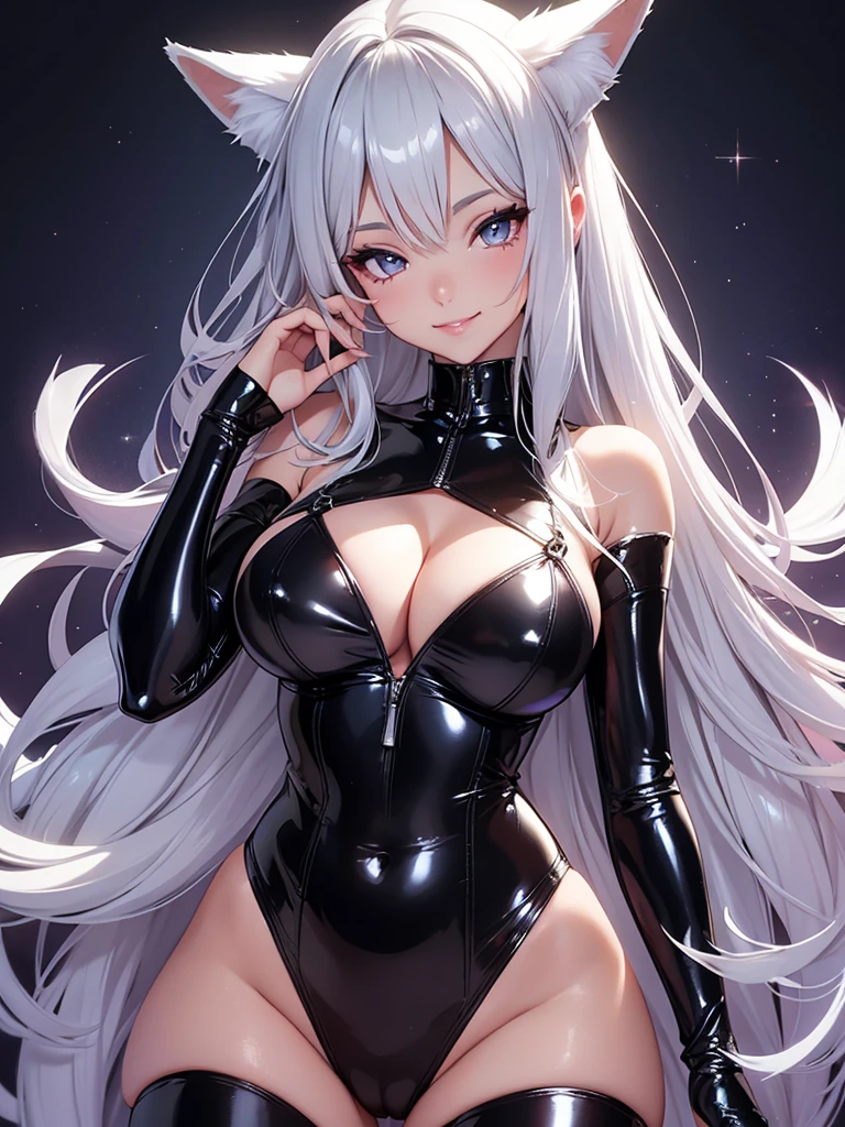 Beautiful girl 
　Beautiful bodystocking latex
　Light　Silver Hair、Fox ears、smile　　magic　Masterpiece Night　Magic sexy, extremely beautiful 22歳　Big Breasts Beautiful Eyeagical gentle lighting    beautiful hip, cowboy shot simple background.  UHD