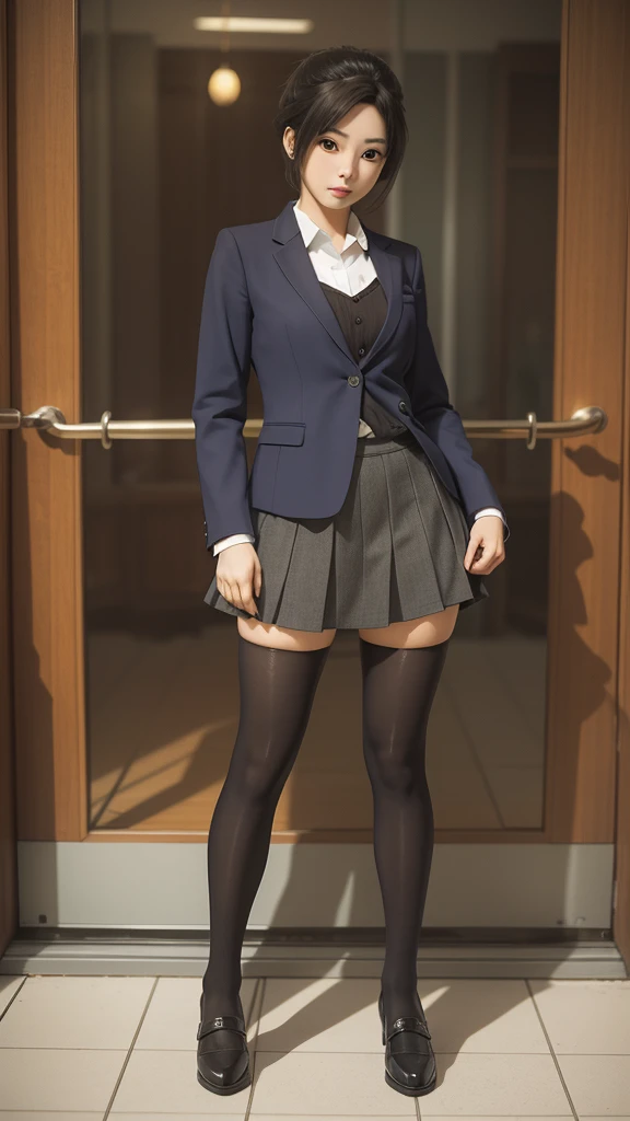 There is a woman in a short skirt and jacket posing for a photo, Surrealist schoolgirl, Surrealist schoolgirl, Practical , Realistic anime girl rendering, Small curve , stockings and skirt, 3D animation realistic, Highly detailed shots of the giantess, Realistic animation, Realistic full body, [ 4K Reality ]!!