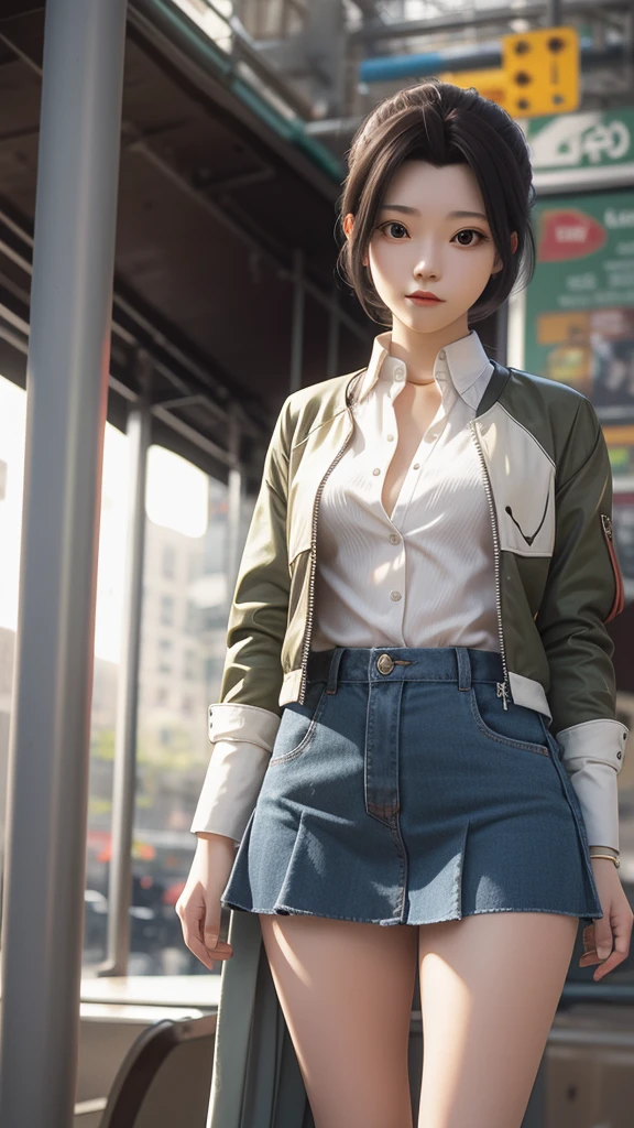 There is a woman in a short skirt and jacket posing for a photo, Surrealist schoolgirl, Surrealist schoolgirl, Practical , Realistic anime girl rendering, Small curve , stockings and skirt, 3D animation realistic, Highly detailed shots of the giantess, Realistic animation, Realistic full body, [ 4K Reality ]!!