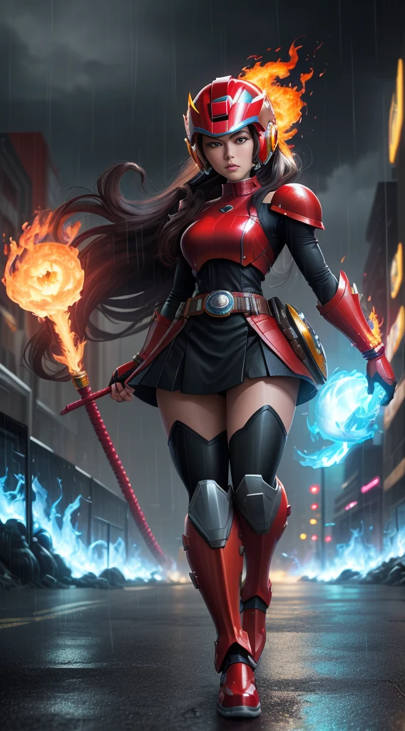 full resolution / quality / clear / Subject within the image size, Unreal Engine 5 / power rangers / tokusatsu / Mortal Kombat / Super Metroid, cartoon / Disney / Dragon Ball / The King of Fighters / style, ((1 / Miss / 1 / helmet / belt / Mega Man-X / Here comes the rider / Hero / Fire Dance)), Mohawk long hair, looking at the audience, posture, City with heavy rain at night.