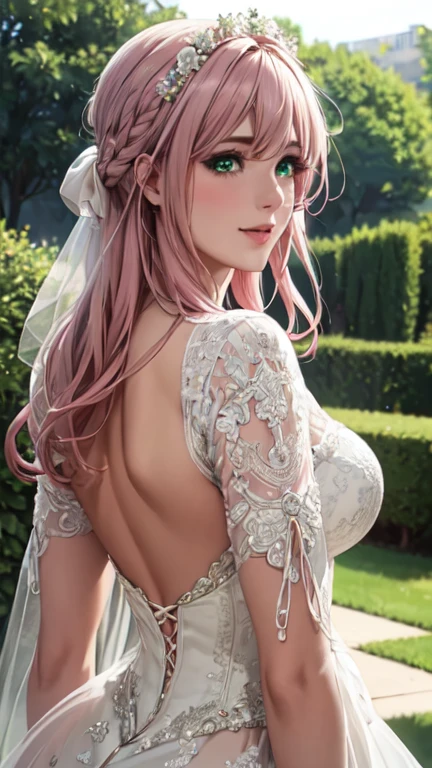 (masterpiece, highest quality, beautifully、aesthetic:1.3), Upper Body, Looking Back, View Viewer, One girl, alone, A light smile, (compensate, Long Hair, pink hair, green Eyes:1.2), Ruani 0256, Bridal Veil, lace trim dress, See through, Wedding dress, Outdoor, White Rose, garden, morning, Are standing, Very detailed, 