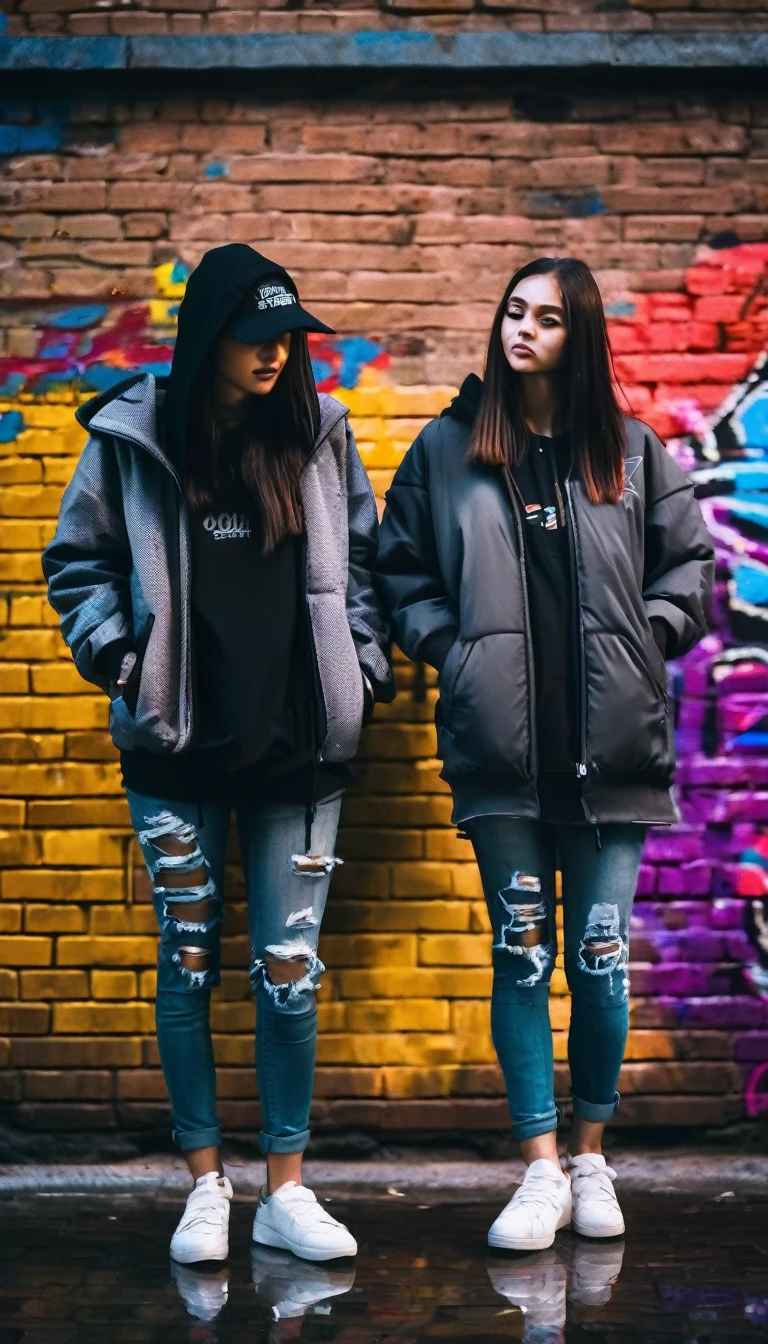 (two using street casual clothes for her),
city at night,
smoth colors,
smoth light,
dark grey color grading,
casual shoes match colors,
casual watch,
wet street,
sub urban street,
walls made with bricks,
graffiti,