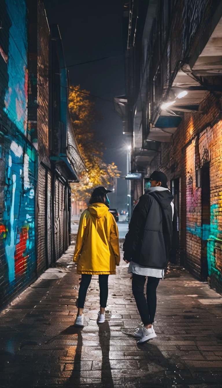 (two using street casual clothes for her),
city at night,
smoth colors,
smoth light,
dark grey color grading,
casual shoes match colors,
casual watch,
wet street,
sub urban street,
walls made with bricks,
graffiti,