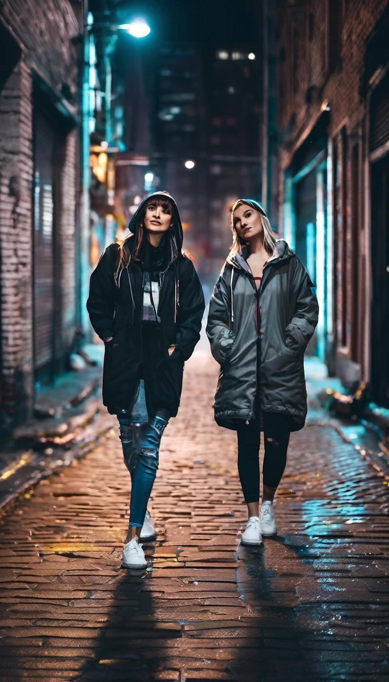 (two using street casual clothes for her),
city at night,
smoth colors,
smoth light,
dark grey color grading,
casual shoes match colors,
casual watch,
wet street,
sub urban street,
walls made with bricks,
graffiti,
