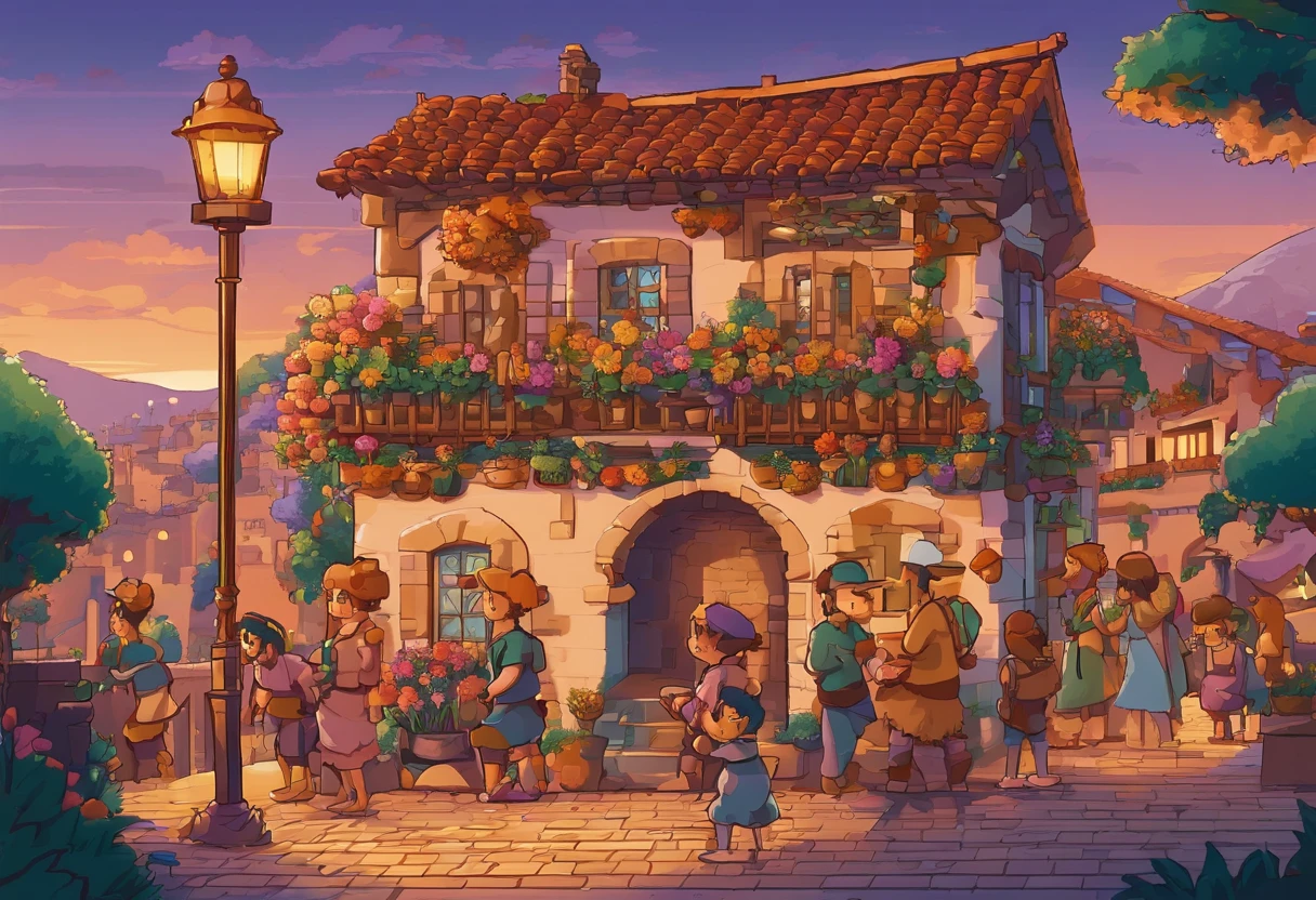 Imagen animada de **3. 
- **Escenario**: De nuevo en la aldea, now seen from a broader perspective showing its renewed prosperity. The houses and fields look more cared for and full of life.
- **Personajes**: Liora (joven con cabello ????? y ojos serenos, con vestido sencillo)  is in the center, rodeada por aldeanos que celebran su regreso. Everyone has expressions of joy and gratitude. Some villagers are dancing, others are hugging or raising their glasses in toast.
- **Ambiente**: La escena es festiva y vibrante. The warm evening light bathes everything in a golden glow, y hay guirnaldas de flores y banderines decorando el lugar.
- **Detalles**: The magic flower is placed in the center of the town, emanating a warm light that envelops everyone present. Detalles adicionales incluyen mesas llenas de comida, children running and playing, and musicians playing traditional instruments.