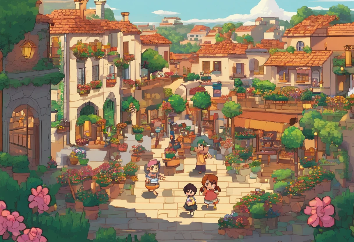 Imagen animada de **3.
- **Escenario**: De nuevo en la aldea, now seen from a broader perspective showing its renewed prosperity. The houses and fields look more cared for and full of life.
- **Personajes**: Liora (joven con cabello negro y ojos serenos, con vestido sencillo) is in the center, rodeada por aldeanos que celebran su regreso. Everyone has expressions of joy and gratitude. Some villagers are dancing, others are hugging or raising their glasses in toast.
- **Ambiente**: La escena es festiva y vibrante. The warm evening light bathes everything in a golden glow, y hay guirnaldas de flores y banderines decorando el lugar.
- **Detalles**: The magic flower is placed in the center of the town, emanating a warm light that envelops everyone present. Detalles adicionales incluyen mesas llenas de comida, children running and playing, and musicians playing traditional instruments.