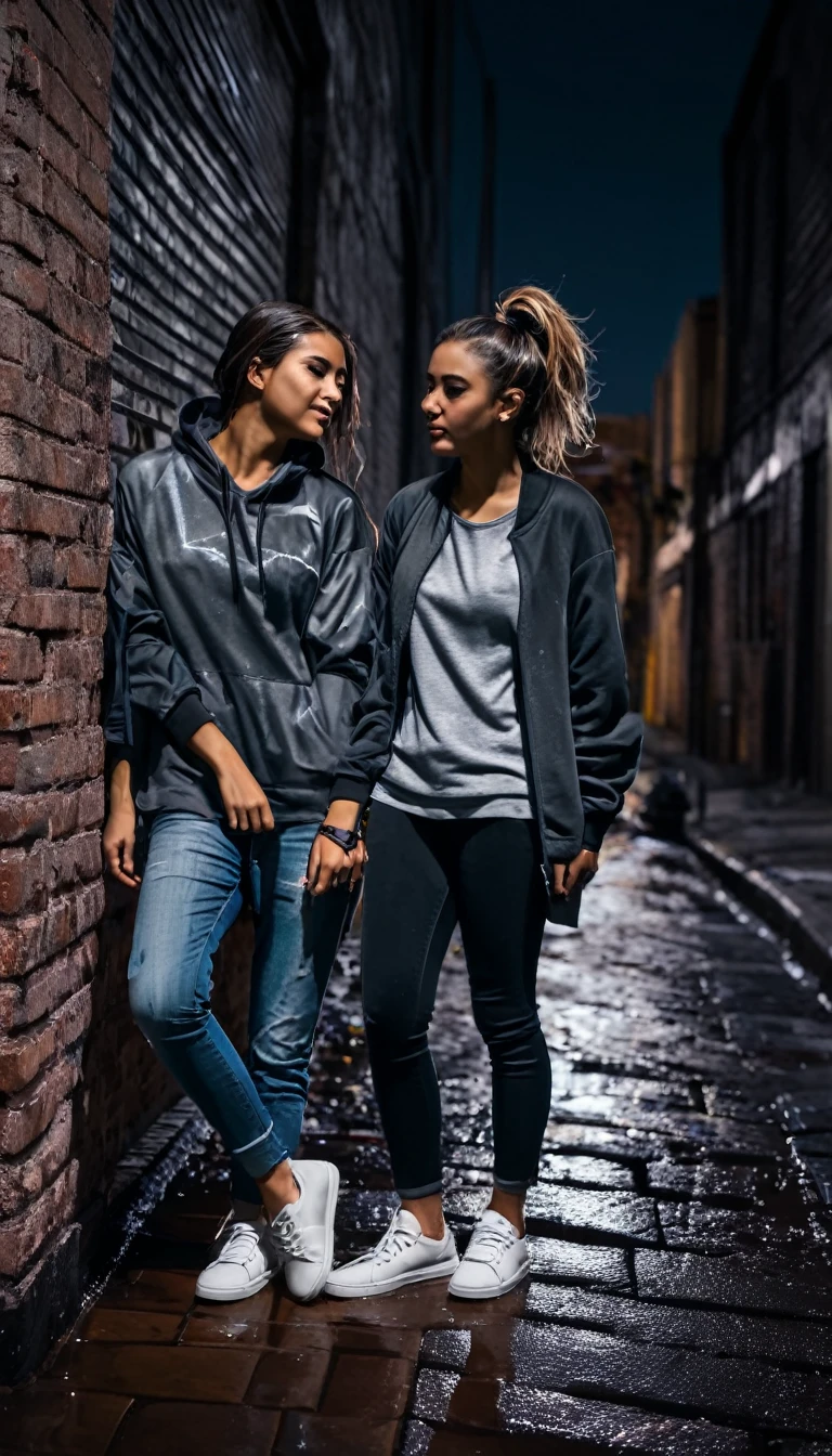 (two using street casual clothes for her),
city at night,
smoth colors,
smoth light,
dark grey color grading,
casual shoes match colors,
casual watch,
wet street,
sub urban street,
walls made with bricks,
graffiti,