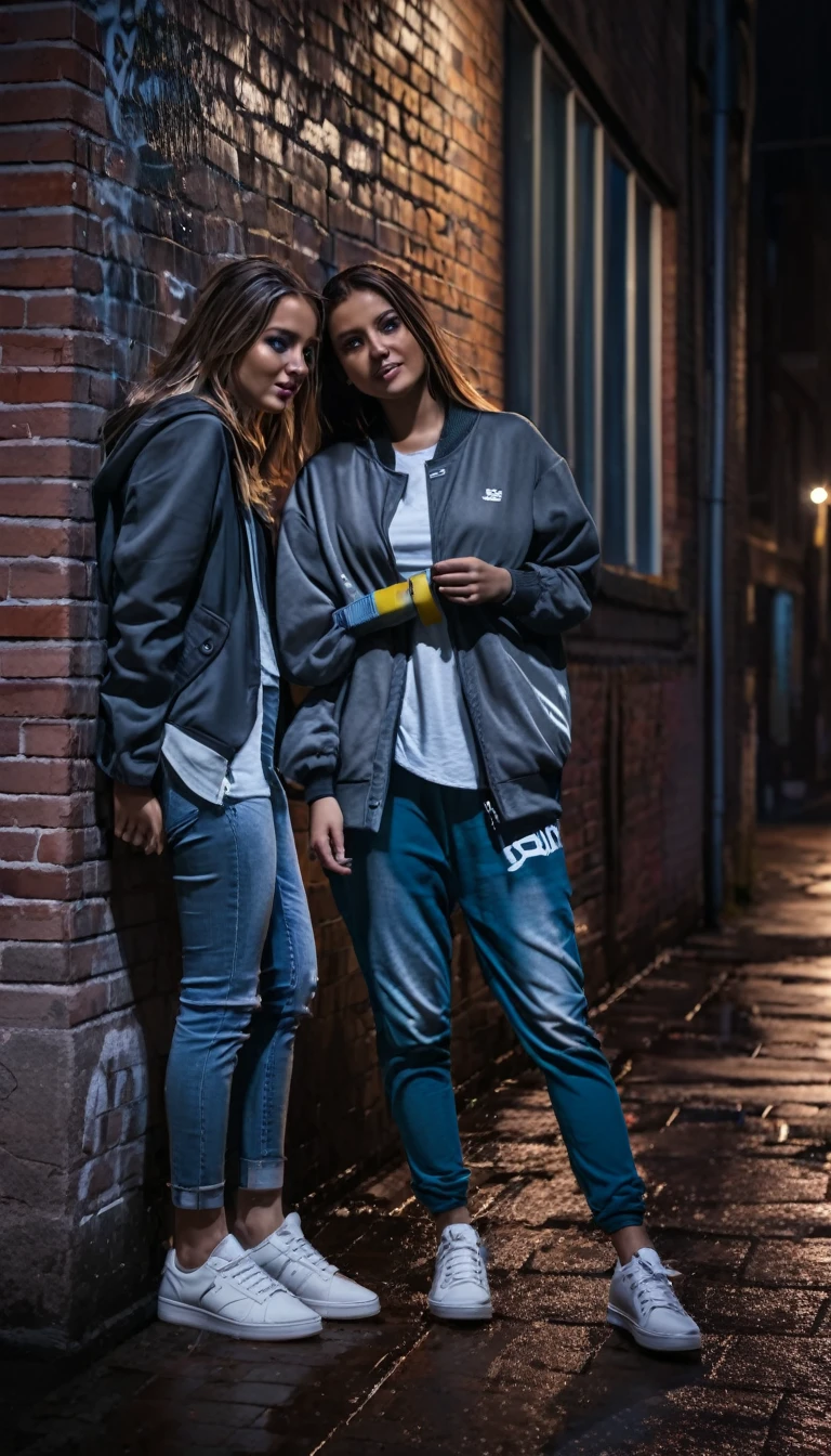 (two using street casual clothes for her),
city at night,
smoth colors,
smoth light,
dark grey color grading,
casual shoes match colors,
casual watch,
wet street,
sub urban street,
walls made with bricks,
graffiti,
