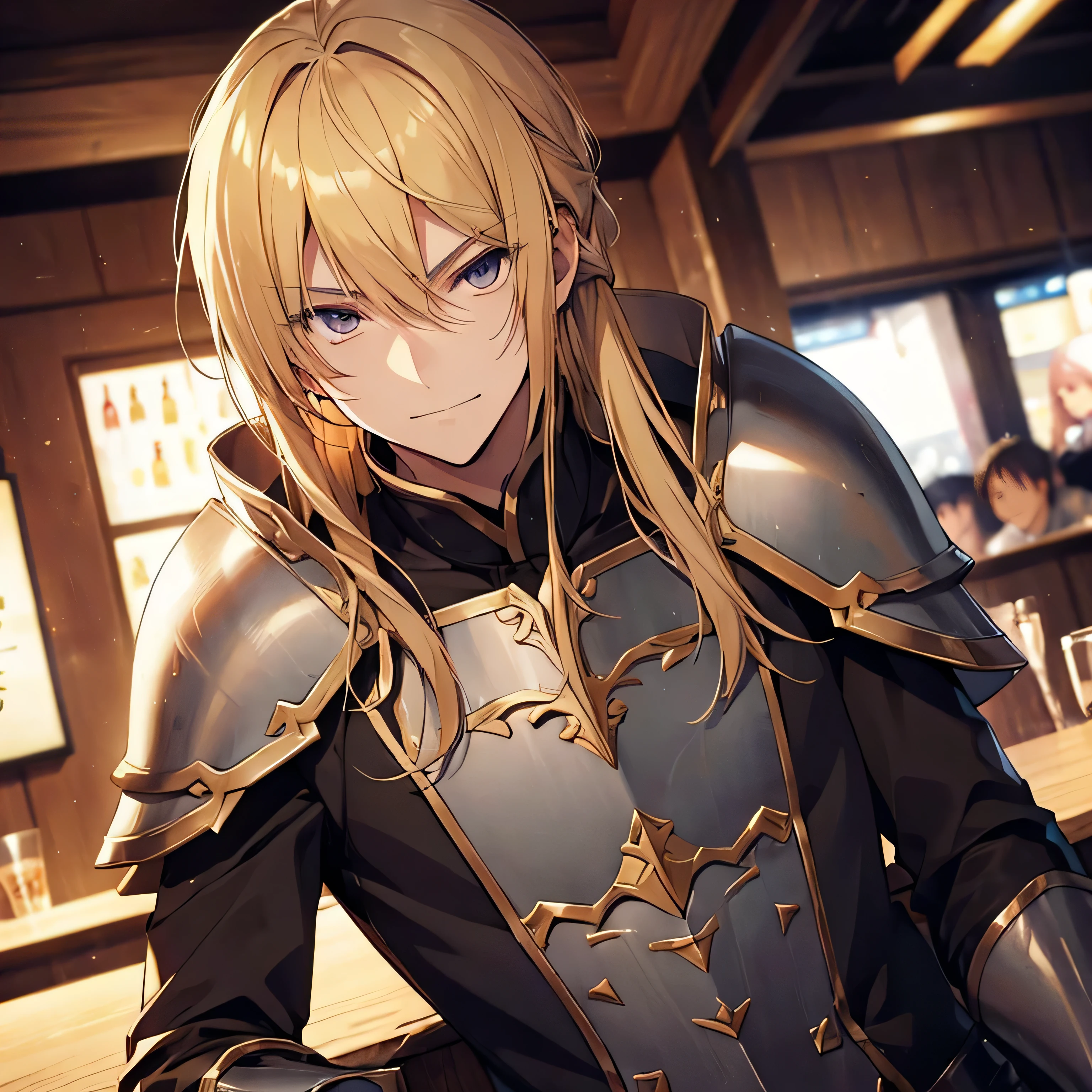 Man, in a bar, blonde hair, dark eyes, brave, male, stuffy, slender, armor, flirtatious, inviting eyes, full of ulterior motives, male, Japanese-looking face, suspicious smile, bar