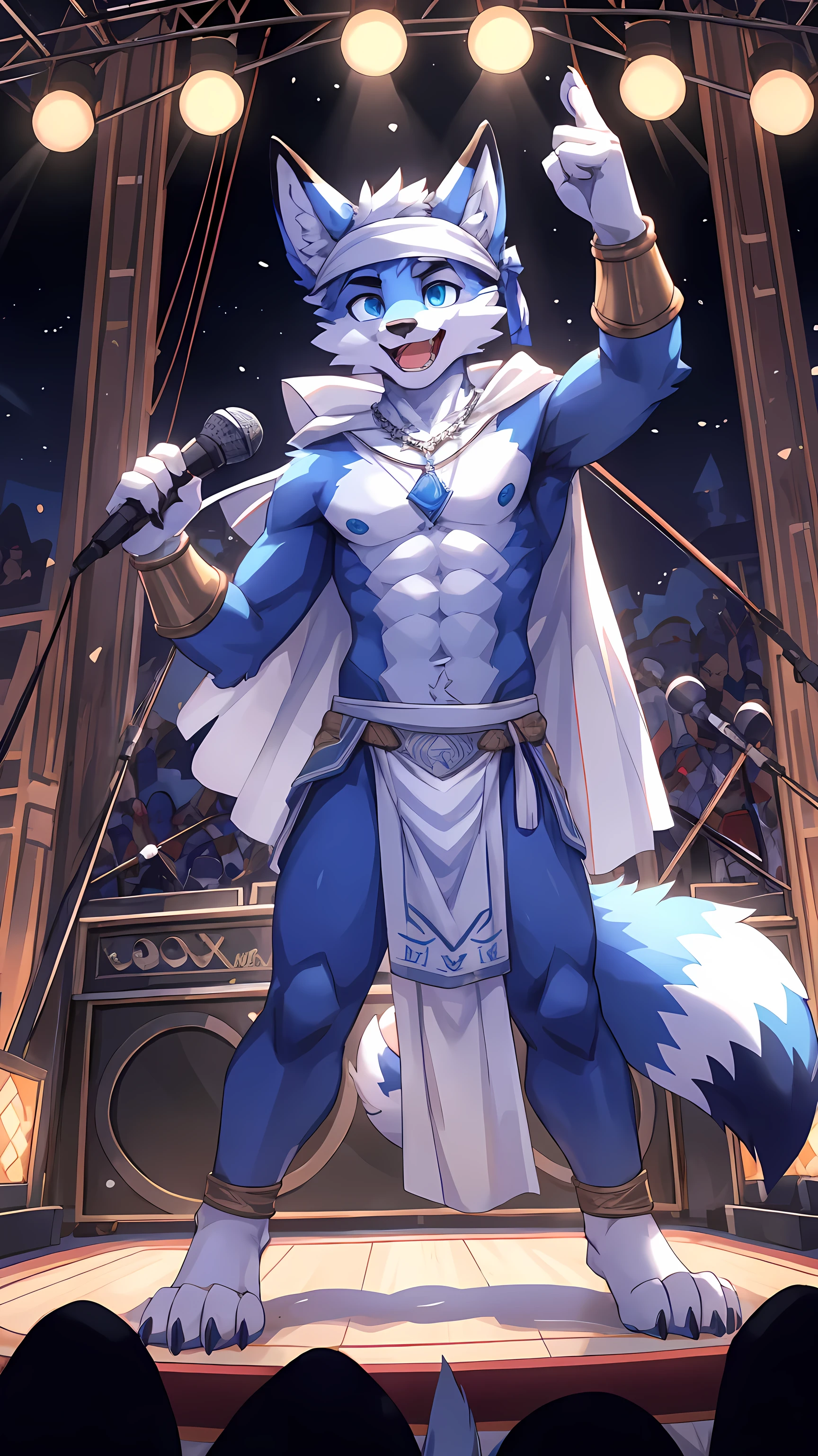a anger,solo,fresyoung people,white hair, nipples,hi res,8k,handsome,male,fox, blue eyes, masterpiece, blue fur, clean face, white eyebrows, detailed eyes, anthro, white hand, claw, tail,white headband,white underwear, white cape,open mouth,greetings,looking at viewer,blue necklace,wrist guard,stage,live house,white loincloth,singing,holding microphone,full body,crowds,instruments