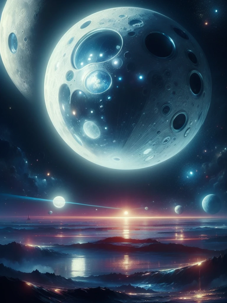 (high quality), (masterpiece), (detailed), 8K, Surrealistic depiction of futurism (1 girl 1.2), Japanese characters in a moon-themed scene. Meticulous details capture the tranquil beauty of moonlight, Create visually stunning compositions. Popular on artstation.