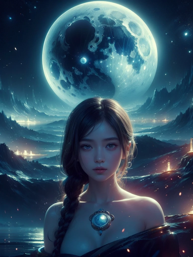 (high quality), (masterpiece), (detailed), 8K, Surrealistic depiction of futurism (1 girl 1.2), Japanese characters in a moon-themed scene. Meticulous details capture the tranquil beauty of moonlight, Create visually stunning compositions. Popular on artstation.