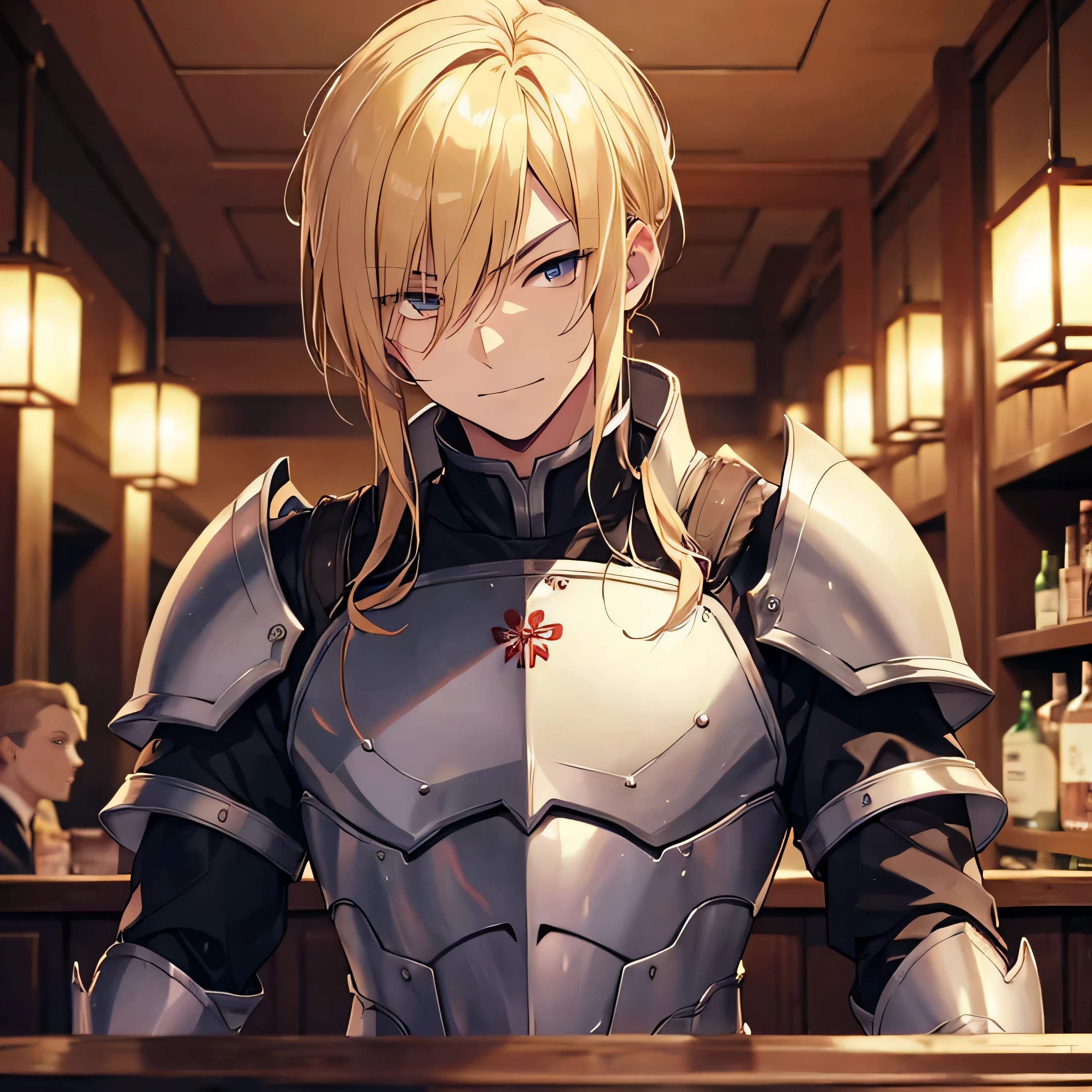1girl, wifo, mature woman, muscular, solo, mordred \(fate\), ponytail, green eyes, braid, smug, full body, full knight armor, silver armor, mordred armor, fate apocrypha, red edges, tavern, table, sitting in chair, crossed legs, no errors, well detailed, extremely well done, Konosuba, scene at night, table with candles, candle lighting, medieval bar