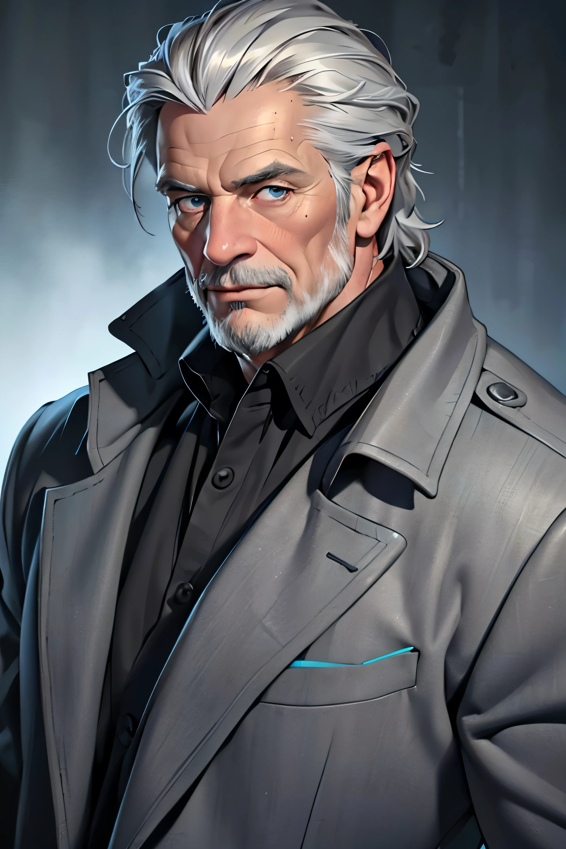 (best quality,4k,8k,highres,masterpiece:1.2), ultra-detailed, (realistic,photorealistic,photo-realistic:1.37), a 60-year-old man with short gray hair and a facial hair, wrinkles, wise-looking blue eyes, no smile, wearing black long coat, full body