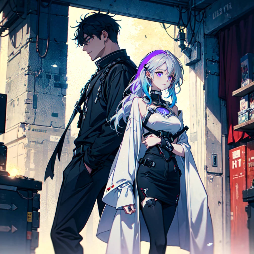 Disorganized、Man and woman couple、highest quality、Masterpiece、Official Art、16K、The best composition、The best light source、The girl has milky white hair with purple inner color, twin long braids, and black clothes in a cyberpunk style.、The man has milky white short hair and a cyberpunk look in white and light blue.、Gazing at each other、A kind smile、