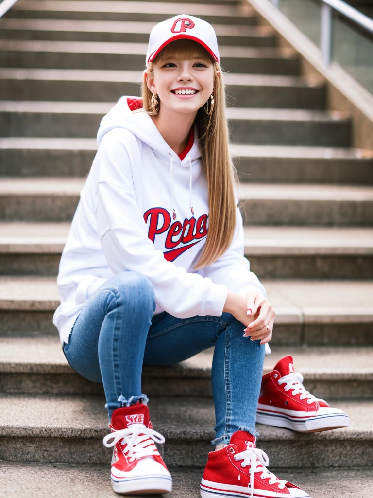 Highest quality, Realistic, Highly detailed, Fine details, High resolution, 8k wallpaper, Beautiful 25 year old woman, Sitting on the stairs、Oversized red_white PEPSI hoodie, Skinny jeans, White sneakers、Wearing black socks、Blonde long hair、Beautiful bangs、 with baseball cap, pierced ears, smile, Beautiful teeth alignment, long hairstyle, perfect dynamic composition, Beautiful and detailed, Full Body Shot, Big smile,