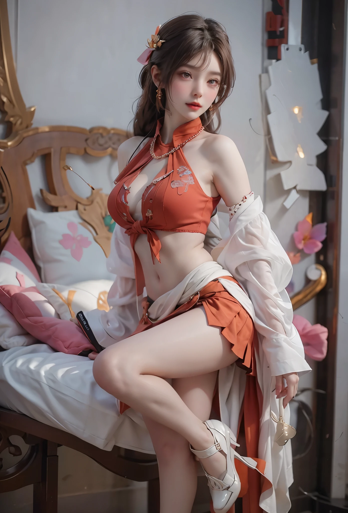 (RAW photogr,best qualtiy), best qualtiy, The is very detailed, tmasterpiece, ultra - detailed, illustratio, one-girl, (huge boob,cleavage), dynamic angle, best qualtiy, extremely detailed CG unity 8k wal,light,Dunhuang-style women wear waist skirts,Upper body dark red collared shirt,Wrapped in a heavy chest,The waist is just tied around the waist,Pendant with pressed skirt beads,The skirt is a pale white pleated skirt;Eyes like apricots,The lips are lit with vermilion rouge,With an intellectual temperament,Beautiful without losing stability and maturity。
