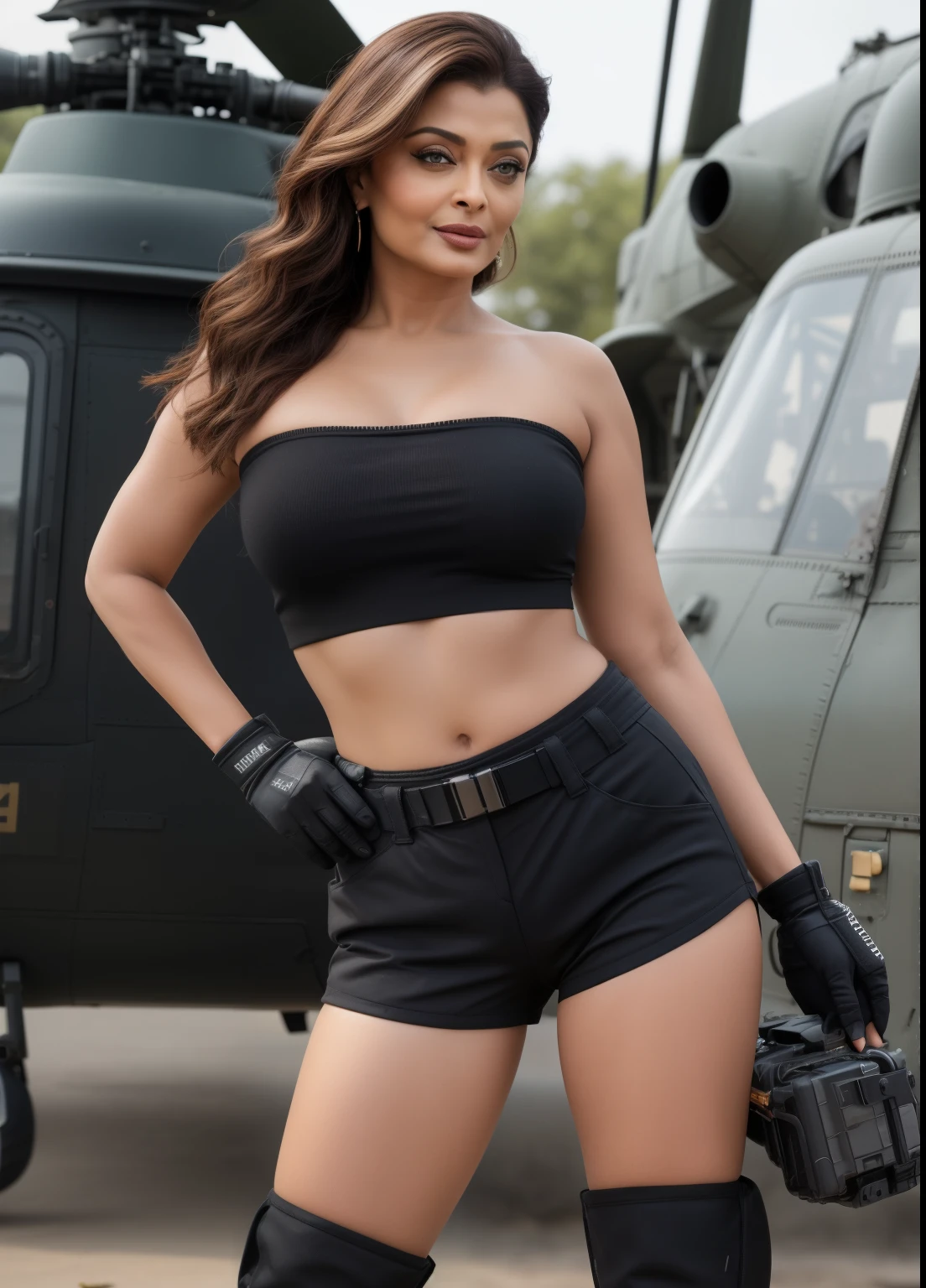 45yo MATURE MILF AISHWARYA RAI, with assault riffle in hands, (photorealistic), beautiful lighting, best quality, realistic, full body portrait, real picture, intricate details, depth of field, 45-years-old, standing next to army helicopter, A very attractive milf sexy solider girl, ((open hair with highlights)), wearing black ((shorts)) and bandeau tight crop top showing huge cleavage, knee high boots, combat gloves, (kneepads), highly-detailed, perfect face, hazel eyes, lips, wide hips, small waist, tall, make up, tacticool, Fujifilm XT3, outdoors, bright day, Beautiful lighting, RAW photo, 8k uhd, film grain, ((bokeh))