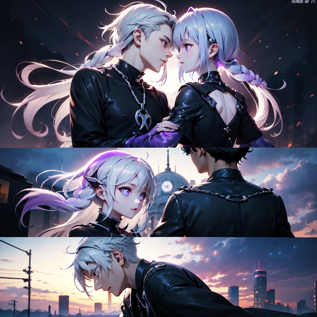 Disorganized、Man and woman couple、highest quality、Masterpiece、Official Art、16K、The best composition、The best light source、The girl has milky white hair with purple inner color, twin long braids, and black clothes in a cyberpunk style.、The man has milky white short hair and a cyberpunk look in white and light blue.、Gazing at each other、A kind smile、