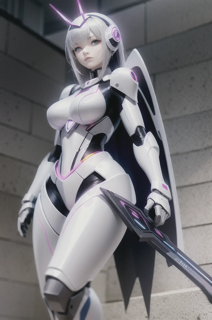 (full body photo:1.5), (one/woman/mechanical:1.5), (extremely large breasts:1.5), (all mechanical body:1.5), (with bionic armor:1.5), white with black gears, (she is inside a spaceship near the window seeing outer space:1.5), (she has very short purple straight hair:1.3), (blue eyes:1.3), (moaning:1.5), (blush:1.5), (looking at the viewer/standing/exhibitionist pose:2),  (anime style, Anime, 16k, high quality, textured leather, UHD, award-winning)