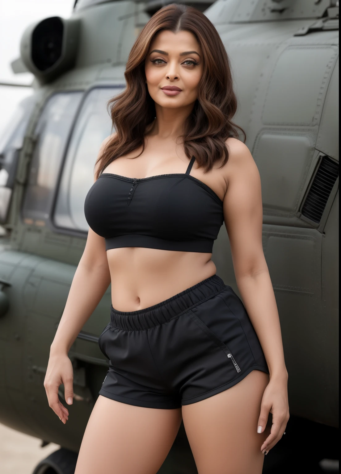 45yo MATURE MILF AISHWARYA RAI, with assault riffle in hands, (photorealistic), beautiful lighting, best quality, realistic, full body portrait, real picture, intricate details, depth of field, 45-years-old, standing next to army helicopter, A very attractive milf sexy solider girl, ((open hair with highlights)), wearing black ((shorts)) and bandeau tight crop top showing huge cleavage, knee high boots, combat gloves, (kneepads), highly-detailed, perfect face, hazel eyes, lips, wide hips, small waist, tall, make up, tacticool, Fujifilm XT3, outdoors, bright day, Beautiful lighting, RAW photo, 8k uhd, film grain, ((bokeh))