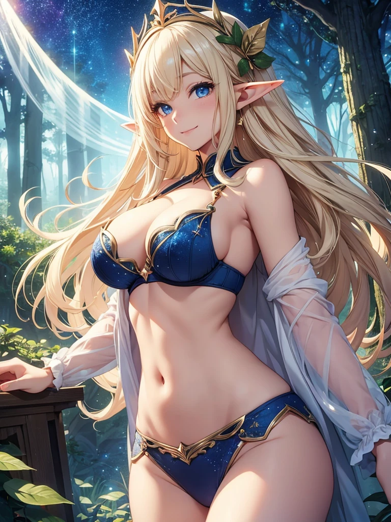 Beautiful Elf Woman  beautiful eyes
　Beautiful Underwear   
　Light　Blonde　smile　forest　magic　Masterpiece Night　Starry Sky　Magic sexy, extremely beautiful 22歳　Big Breasts Beautiful Eyes、Beautiful eyes