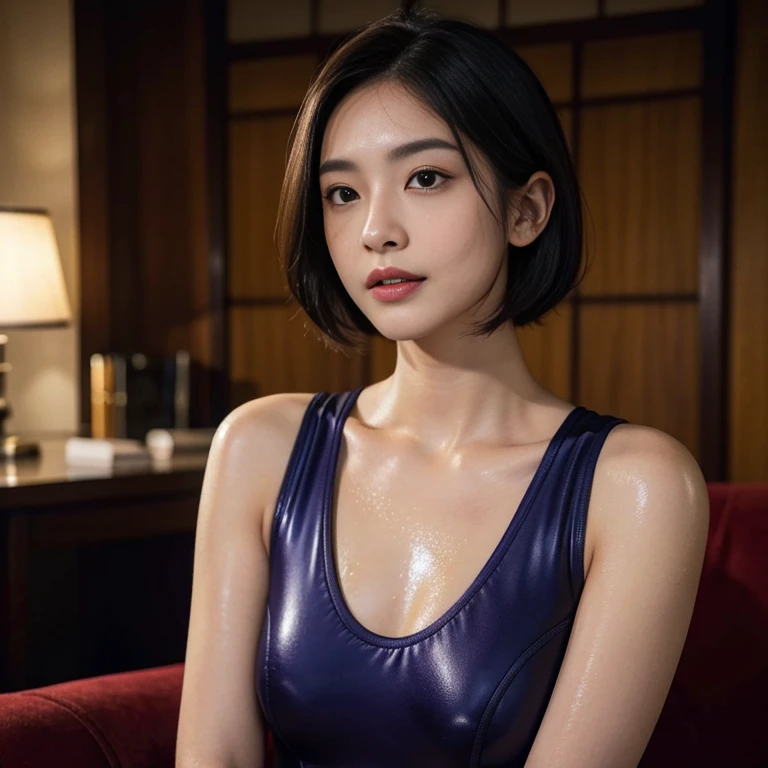 (Raw photo:1.2)、highest quality、Beautiful detailed girl、The background is a living room from the Showa period in Japan.:1.5、A cute little mole under the mouth、A suit that shows off the contours of your body、Body-tight wetsuits,Shiny pale purple rubber suit laughing、short hair、Highly detailed eyes and face、Beautiful and fine details、Large file size、High resolution、High resolution、8k wallpaper details、Highly detailed Ticker Uniform 8K Wallpaper、Light on the face、Cinema Lighting、35-year-old woman、Sexy pose、(Photorealism:1.4)、Awareness-raising、Surrealism、 From below、Super Detail、masterpiece