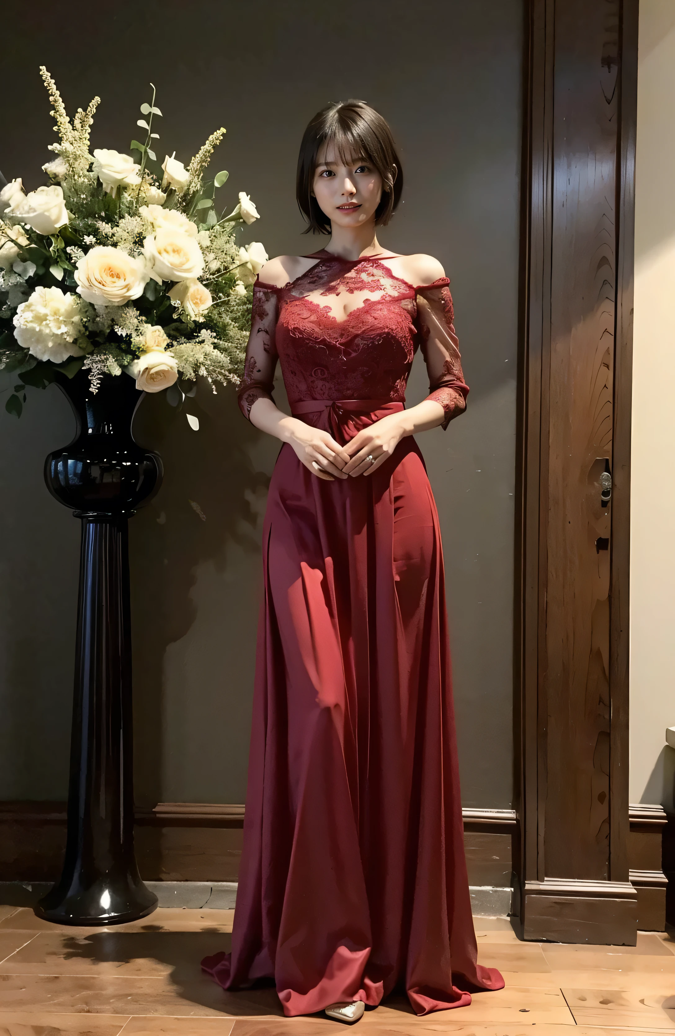 Big Smile、A lovely smile、A luxurious wine red dress with lace、Silk dress、Stunning gardens、Colorful flowers々is blooming、Dark red silk and shiny dress、A luxurious dark red dress、Braided hair only for the bangs((wedding ceremony:1.4))、Full body photo、smile、 Caustics、Highly detailed photos、Very beautiful eyeedium Short Hair、Large Breasts、Super no makeup、(8k、RAW Photos、highest quality、masterpiece:1.2)、(Realistic、Realistic)、1 girl、((Medium Short Hair、Looking into the camera:1.4))、