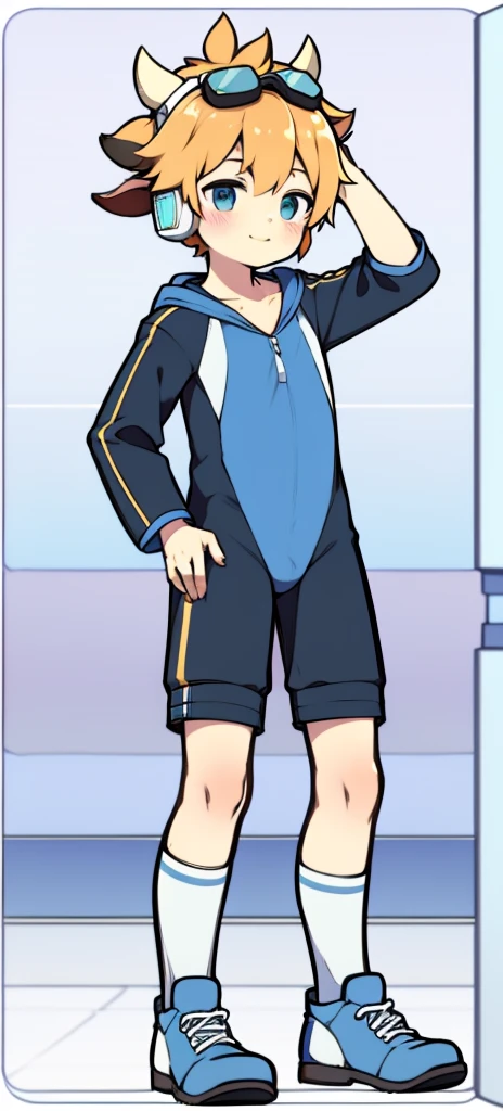 Second dimension boy teenager,One-piece ski suit,horn,Cow ears,Put the headphones on your head,stand up,goggles,sports shoes,Slim,Sailor collar,White knee socks,Short sleeve shorts,Leg ring,cute,happy