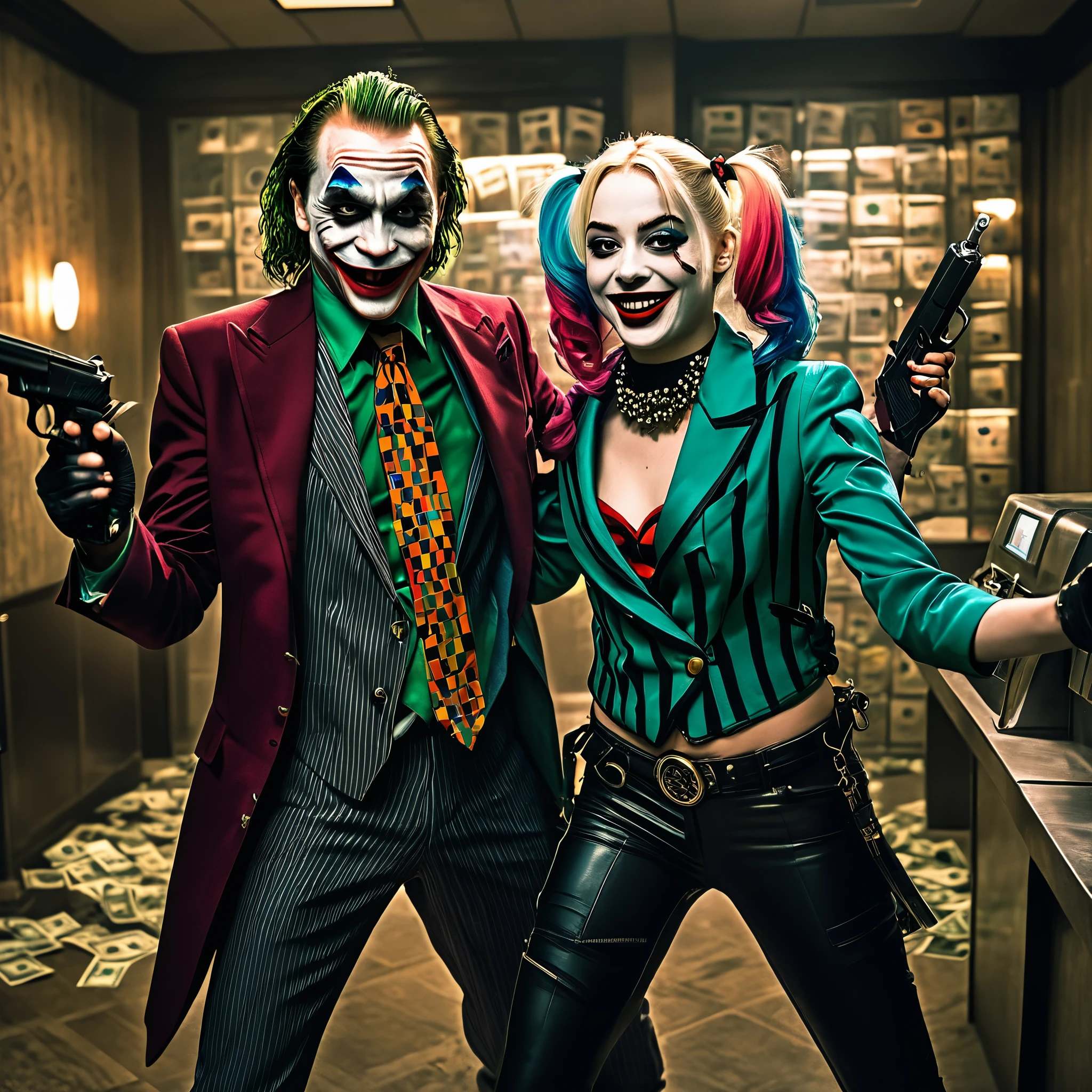 (best quality:1.2,ultra-detailed,realistic:1.37),the joker and harley quinn,robbed bank,crazy selfies,selfie sticks,money tossing,masked criminals,chaotic scene,laughter,menacing smiles,guns,hysterical laughter,disorderly bank notes,smoke-filled room,cash flying in the air,wide grins,wild poses,villains in action,flashy outfits,unique makeup,harlequin patterns,bank safe,bank tellers,terrified hostages,dark humor,vivid colors,dynamic lighting,mischief and mayhem,criminal masterminds,crazy criminal duo,lively atmosphere,heist escapade,unpredictable energy,creepy fun,criminal underworld,criminal creativity,madness and chaos
