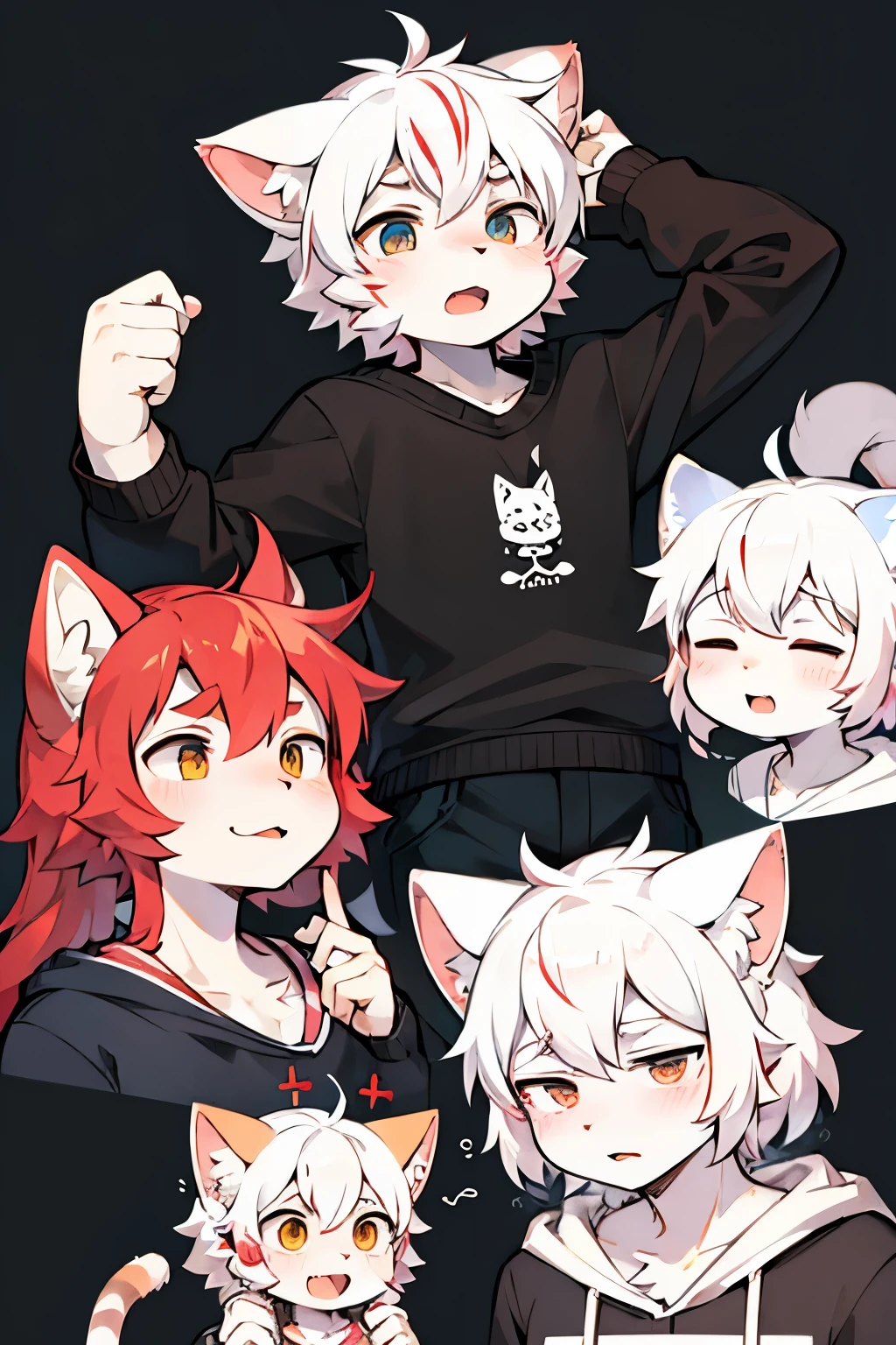 Cat，Facial Expressions，Multi-map，hairy，hairy的，Bust Avatar，White sweatshirt with colorful pattern，Black casual pants，White Stripes，Q version，Lovely，simple art style，Cartoon Style，yawn，tension，ears red hair, White hair on ear tips，Pink hair on back，tail blue，Tip white，