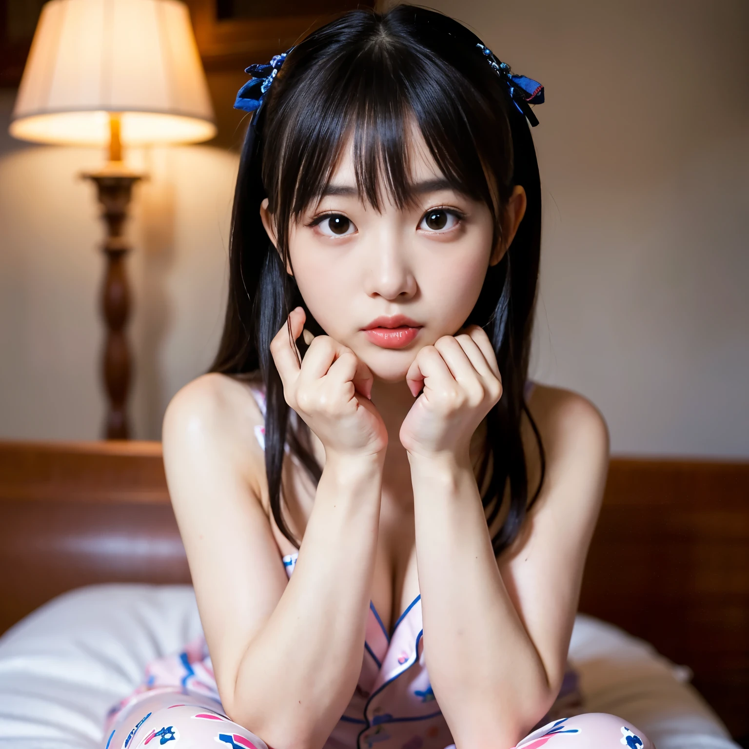 (Best-quality, Masterpiece, Ultra-High-Resolution, (Photorealistic:1.4), Raw Photo, depth of field, professional lighting, perfect anatomy, extremely details), 1girl, -yeld, thost famous Japanese idol, sitting on sofa at living room, wearing pajamas with cute-design, ((((feeling very strong sexual arousal and very strong sexual pleasure)))), (extremely cute face like the most popular Japanese idol, ((extremely cute and extremely big black-eyes)), extremely cute hair, extremely cute skins), extremely cute long-eyelashes, extremely cute lips, looking at viewer, ((detailed pajamas-with-cute-design))