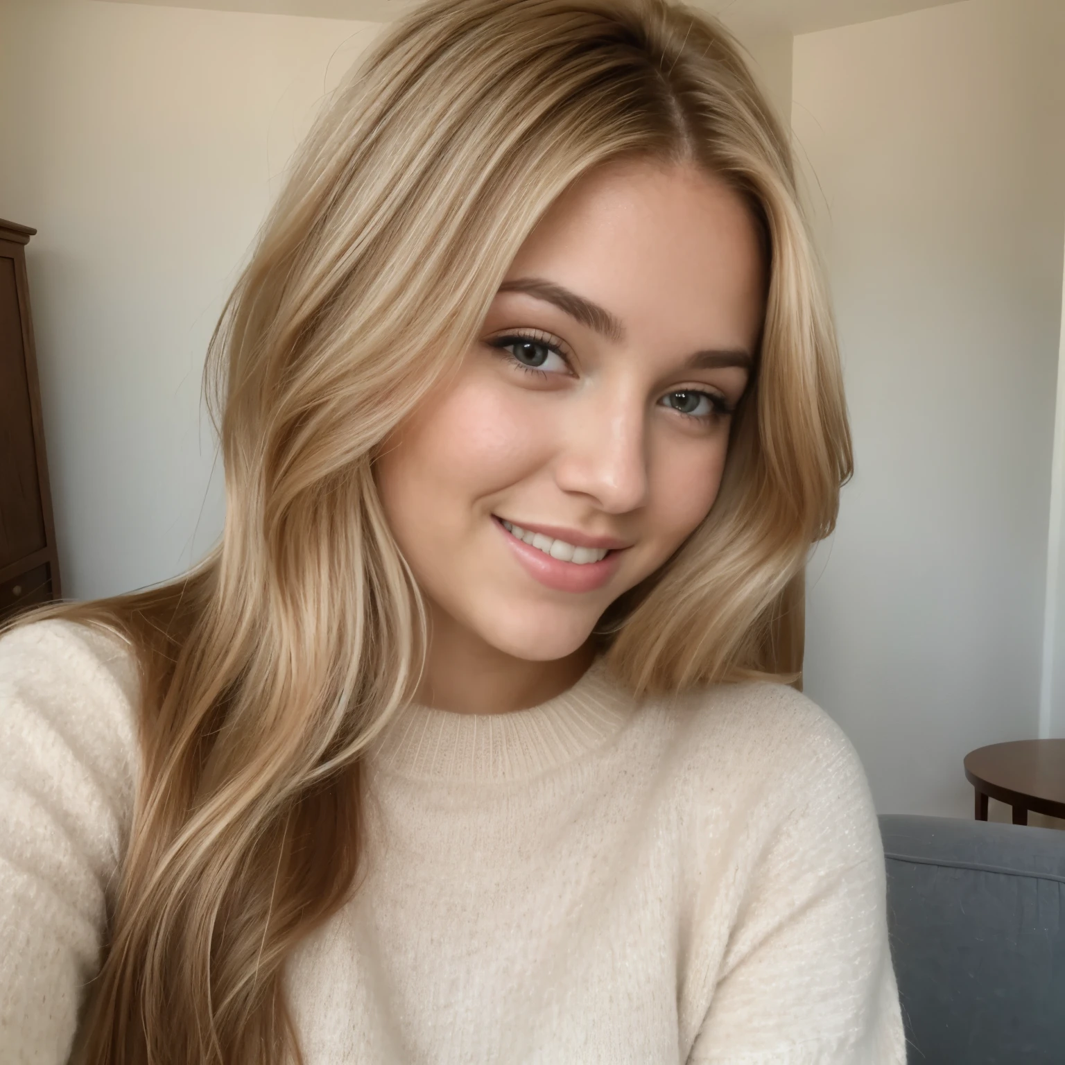 Une femme blonde de 23 ans, ((gros seins)), ((Hyperréalisme)) ,. red hair with light brown roots. cheveux blond, Cheveux aux racines brunes, very long hair, tâche de rousseur very long hair, very long hair, beau, vue de face, selfie, photo prise avec un appareil photo passeport, elegant brown sweater, photo de passeport, High quality, HD, huge tits, sourire timide, ultraHD