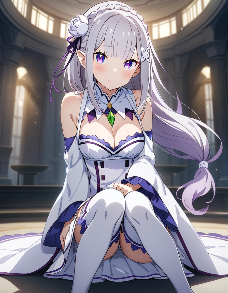masterpiece, best quality, very aesthetic, absurdres, 1girl, emilia \(re:zero\), re:zero kara hajimeru isekai seikatsu, low-tied long grey hair, light purple, crown braid, blunt bangs, hair flower, white rose, x hair ornament, purple hair ribbon, purple eyes, bright blue pupils, pointy ears, dress, gem, cleavage, medium breasts, detached sleeves, bare shoulders, pleated miniskirt, white dress, white thighhighs , key visual, highly detailed, looking at viewer, full body