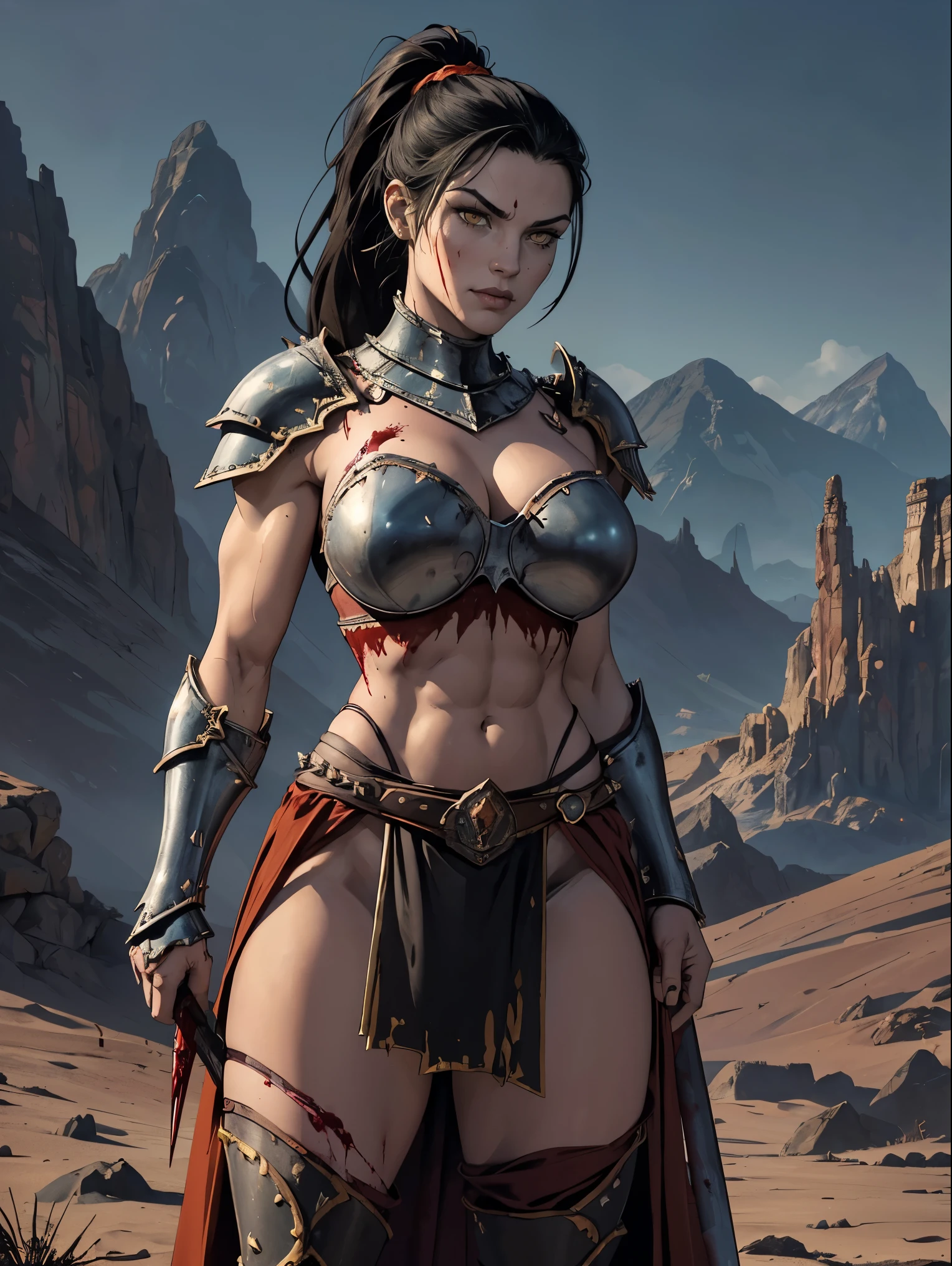 (masterpiece, top quality, best quality, official art, beautiful and aesthetic:1.2), (1girl:1.3), ((Sharp facial features, sharp features, hawkish features)), ((pale skin, orange eyes, big hair, long black hair, ponytail)), big tiddy chaos warrior girl, extremely detailed, portrait, looking at viewer, solo, (full body:0.6), detailed background, full-body shot, (hot desert mountain theme:1.1), chaos warrior, (spiky helmet), charlatan, smirk, mysterious, swaying in mountains, armor, red metal, brass trim, long boots, blood red fabric, pelvic curtain, loincloth, black leather, ((((spear, heavy armor, blood, blood splatter, armored, gigantic breasts, long legs, pelvic curtain, toned, muscular)))), cute belly button, toned tummy, slim waist, slim hips, long legs, medieval (mountain exterior:1.1) background, dark mysterious lighting, shadows, magical atmosphere, dutch angle