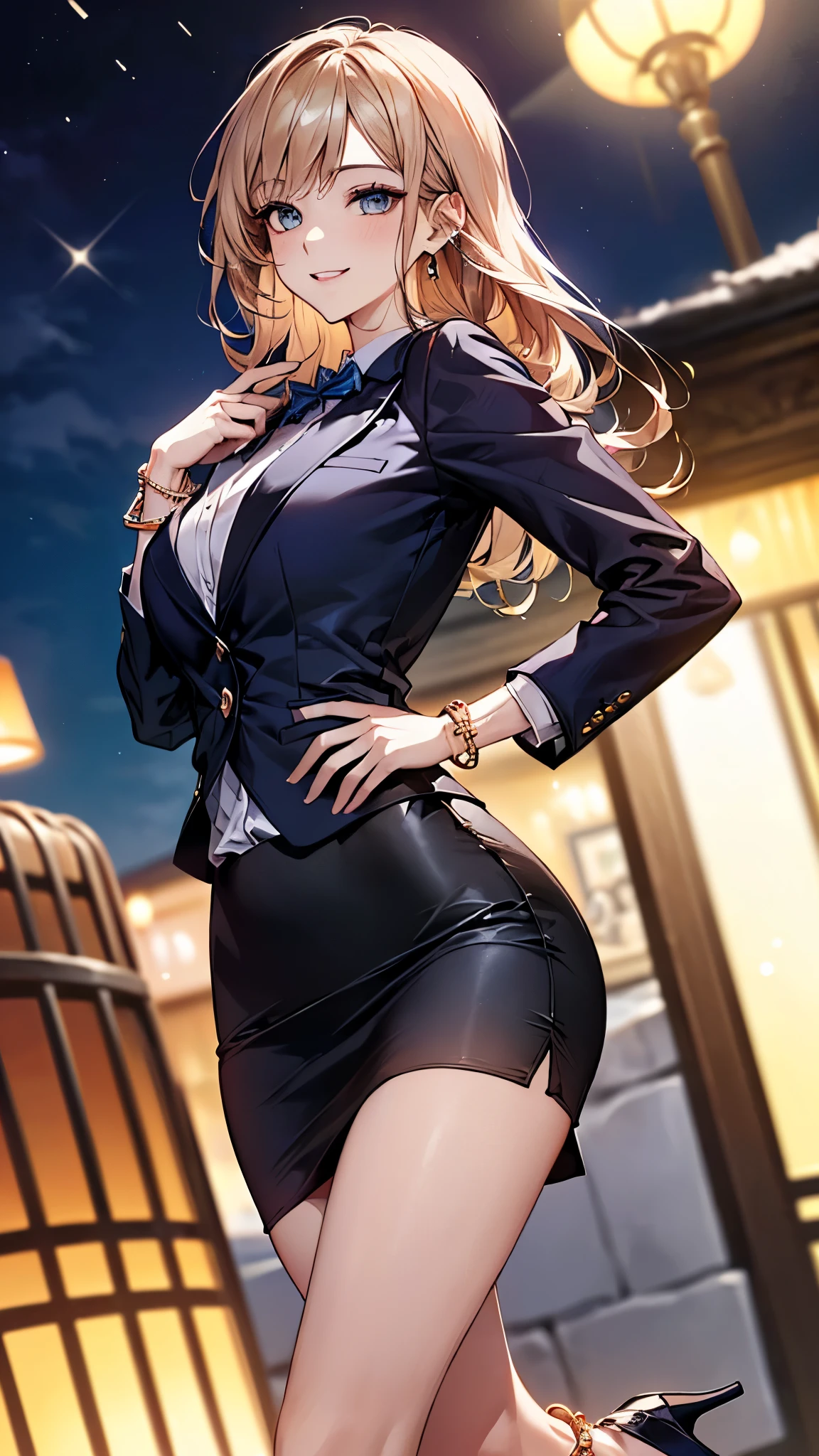 ((super high quality,))((Ultra-high resolution,))(16K,)(super masterpiece,)((Ultra HD ,))(Detailed shading,)One sexy woman,Black shirt,Long sleeve,Black tight skirt,Purple Stockings,smile,